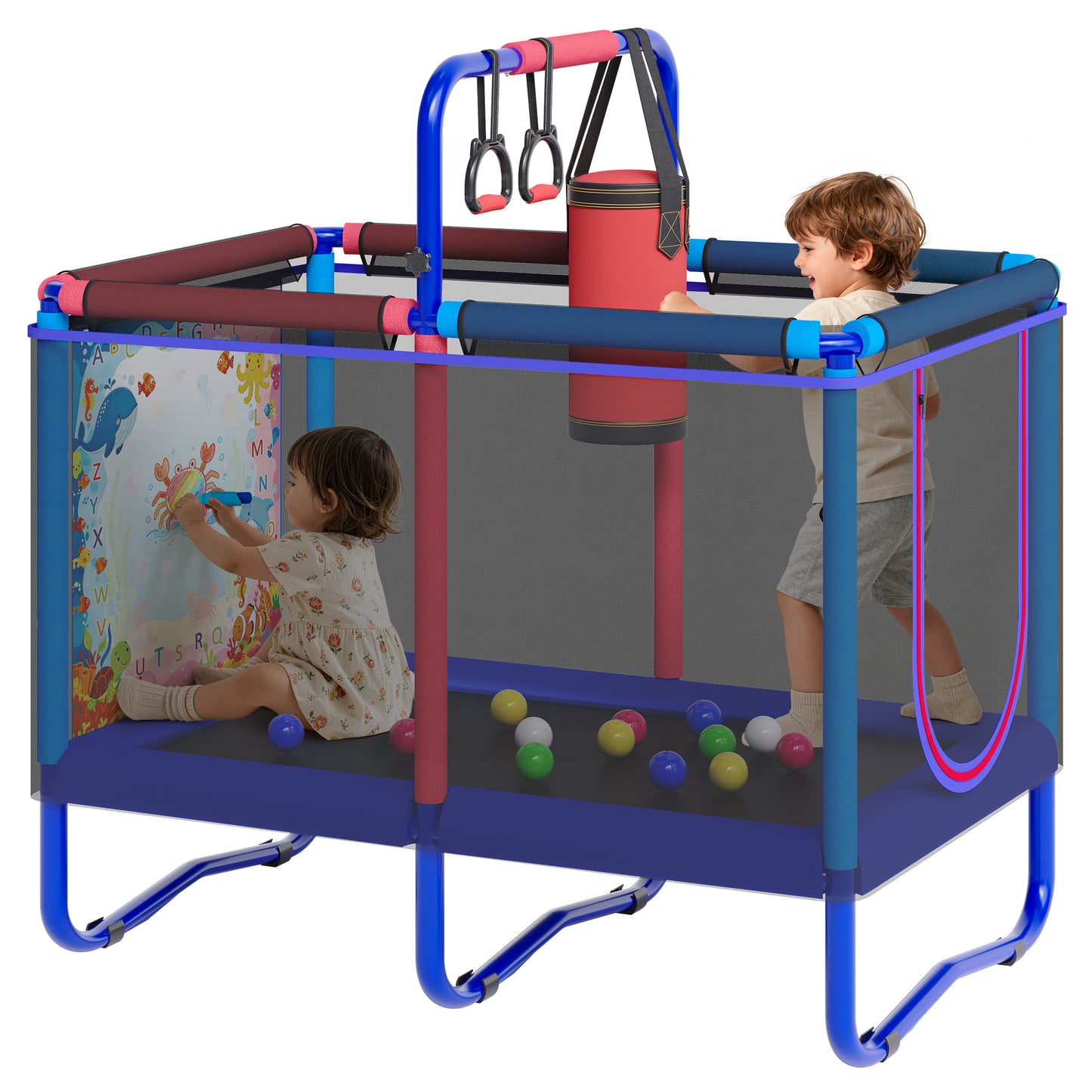 55" Trampoline for Kids with Enclosure & Water Doodle Mat, SHINPT Toddler Trampoline with Painting Writing Color Doodle Drawing Mat, Indoor & Outdoor Toddler Trampoline with Adjustable Gymnastics Bar