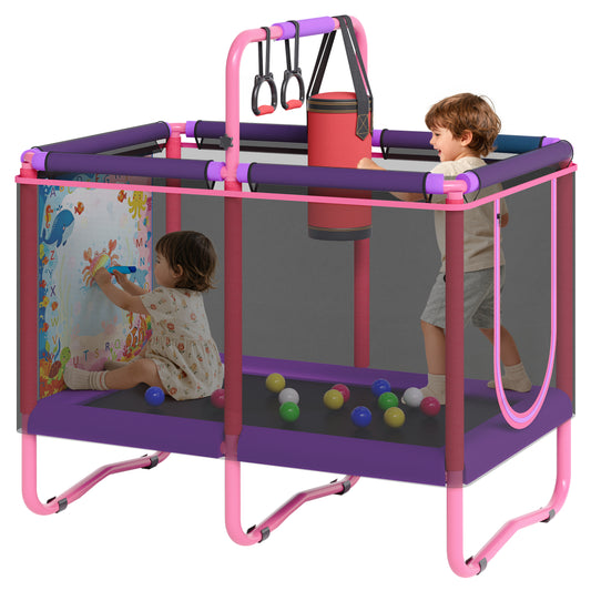 55" Trampoline for Kids with Enclosure & Water Doodle Mat, SHINPT Toddler Trampoline with Painting Writing Color Doodle Drawing Mat, Indoor & Outdoor Toddler Trampoline with Adjustable Gymnastics Bar