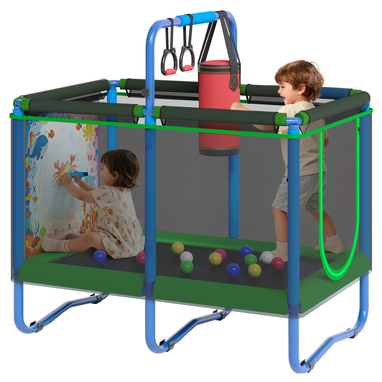 55" Trampoline for Kids with Enclosure & Water Doodle Mat, SHINPT Toddler Trampoline with Painting Writing Color Doodle Drawing Mat, Indoor & Outdoor Toddler Trampoline with Adjustable Gymnastics Bar