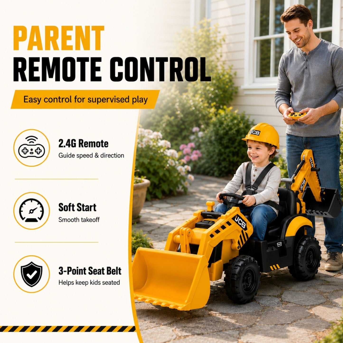 SHINPT Ride on Excavator, JCB, 24V Dual Motors,  Digger Ride on Toy, Front Loader & Backhoe, Remote Control Construction Toy, Yellow, for Toddler Boys 3-5 Years Old