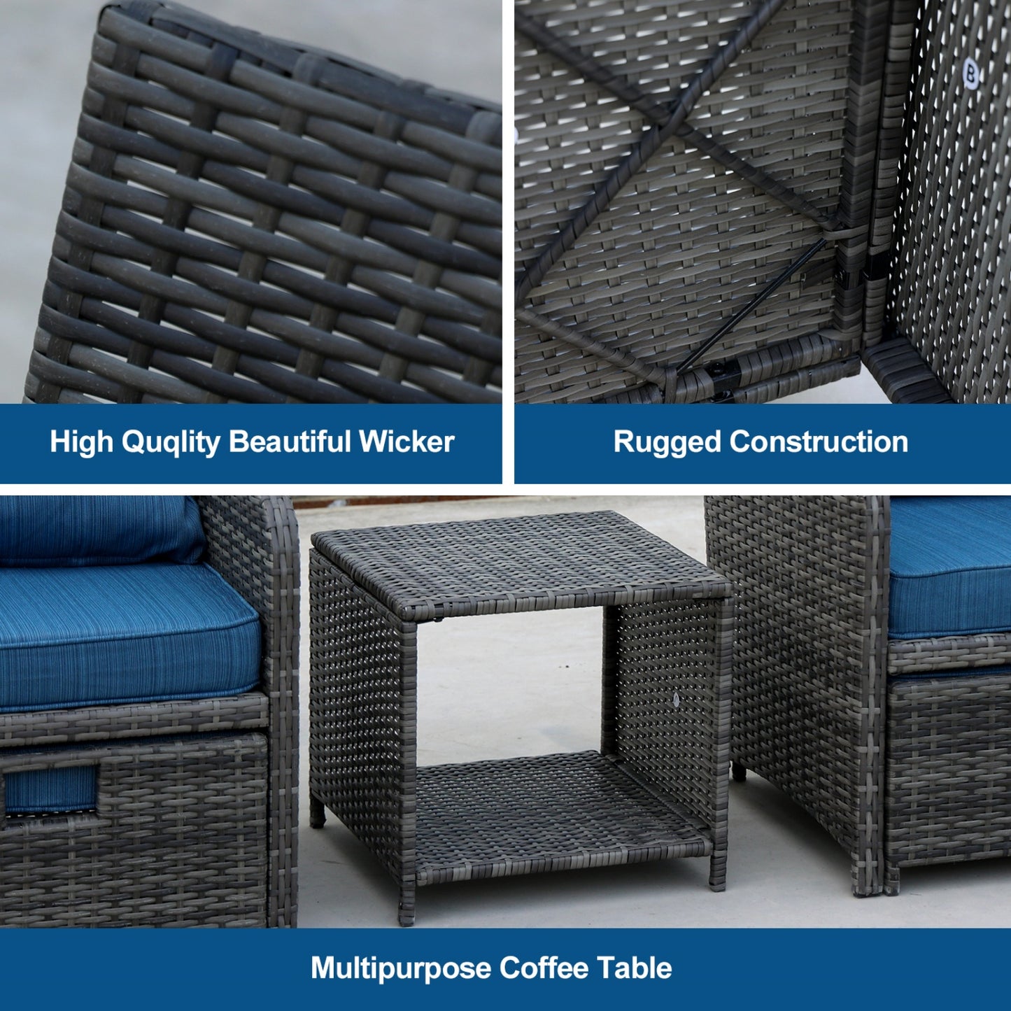 5 Piece Patio Conversation Set, SHINPT Outdoor Patio Sectional Sofa Couch with 2 Ottomans and Coffee Table, Wicker Patio Furniture Set for Poolside, Lawn, Garden, Balcony, Rattan Balcony Furniture