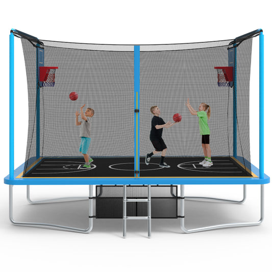 SHINPT 8 ×12 ft Rectangle Trampoline for Kids and Adult, Rectangular trampoline with 2 Basketball Hoops, Outdoor Big Trampoline with 360 Degree Safety Net, Square Trampoline with 4 W-Legs
