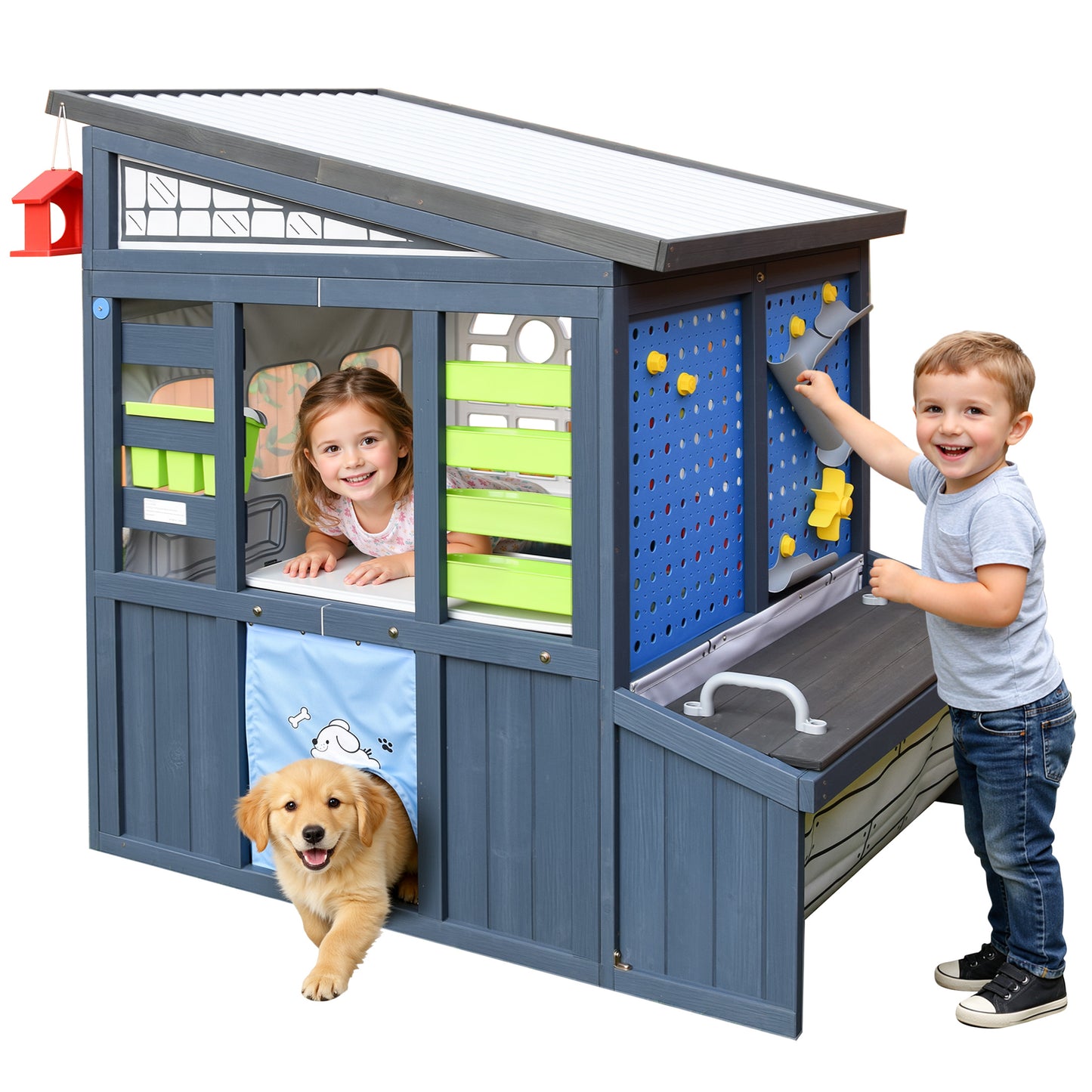 Outdoor Play House for Kids, SHINPT Kids Playhouse Outdoor with Simulation Tools, Wooden Play House for Toddlers 3+, Kids Playground for Backyard, Patio, Garden, Outdoor Playhouse for Birthday Gift