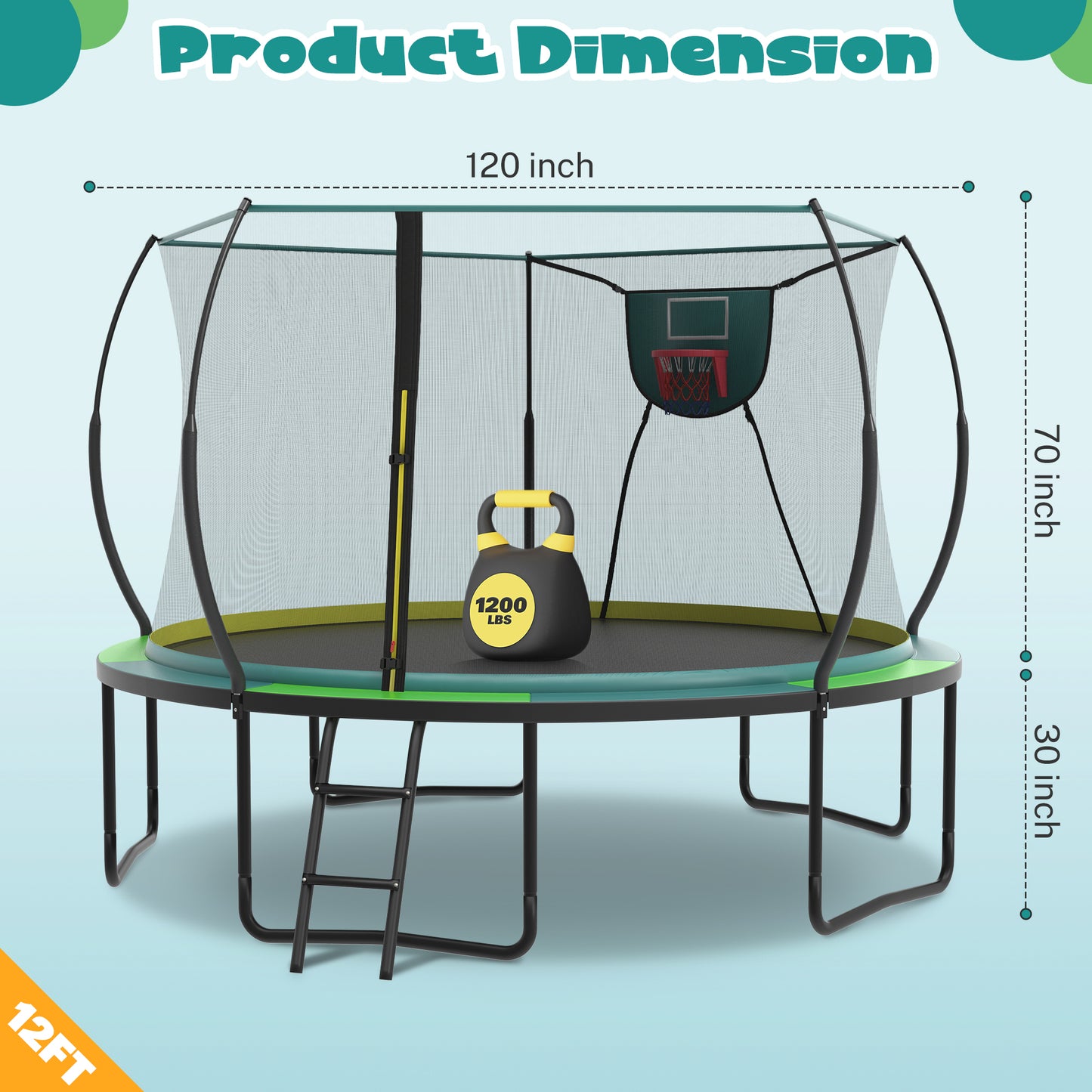 SHINPT 12ft Trampoline for Kids, Outdoor Trampoline with Basketball Hoop, Recreational Trampolines with 6 Curved Poles, Heavy Duty Trampoline with No-gap Design, Kids's Play Ground Outdoor
