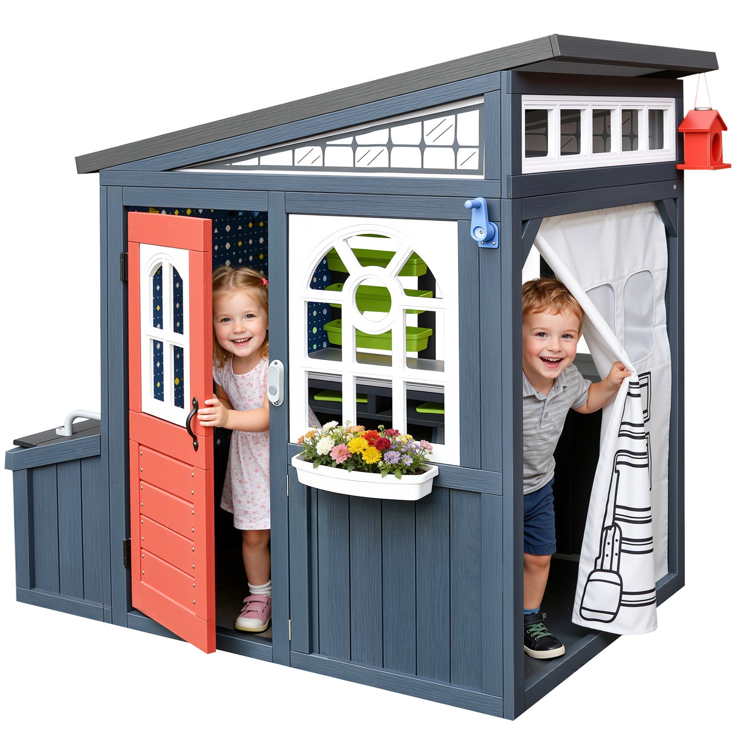 Outdoor Play House for Kids, SHINPT Kids Playhouse Outdoor with Simulation Tools, Wooden Play House for Toddlers 3+, Kids Playground for Backyard, Patio, Garden, Outdoor Playhouse for Birthday Gift