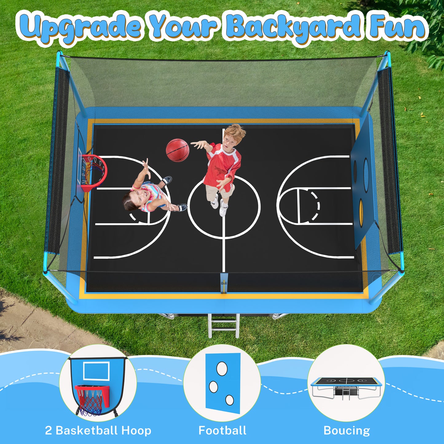 SHINPT 8 ×12 ft Rectangle Trampoline for Kids and Adult, Rectangular trampoline with 2 Basketball Hoops, Outdoor Big Trampoline with 360 Degree Safety Net, Square Trampoline with 4 W-Legs