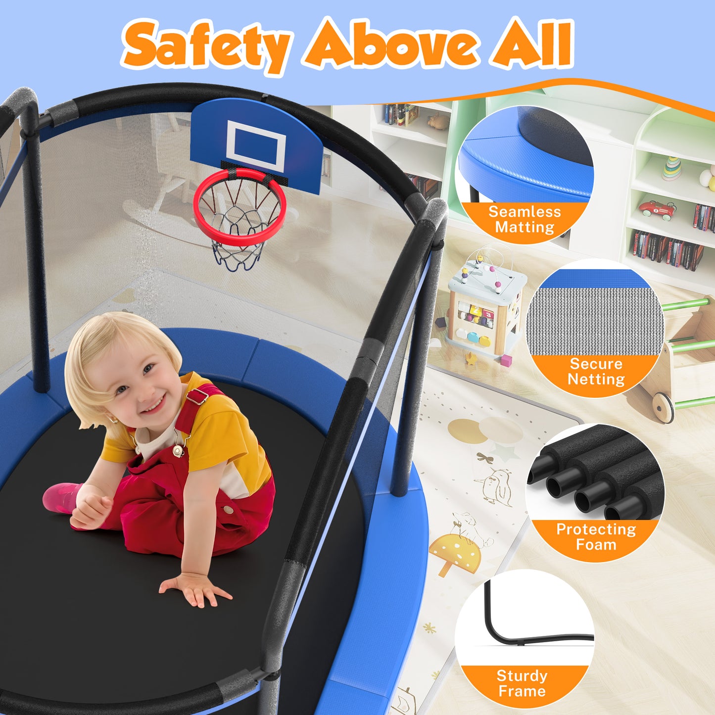 SHINPT 4x6FT Toddler Trampoline for Kids, Kids Indoor Trampoline with 771LBS Load-Bearing Capacity, Mini Trampoline Indoor & Outdoor, Small Trampoline with 4 Accessories & Adjustable Gymnastics Bar