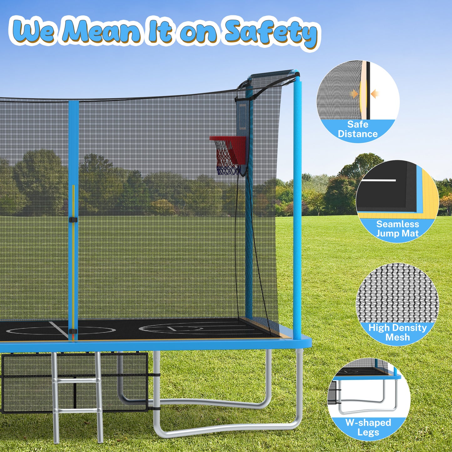 SHINPT 8 ×12 ft Rectangle Trampoline for Kids and Adult, Rectangular trampoline with 2 Basketball Hoops, Outdoor Big Trampoline with 360 Degree Safety Net, Square Trampoline with 4 W-Legs