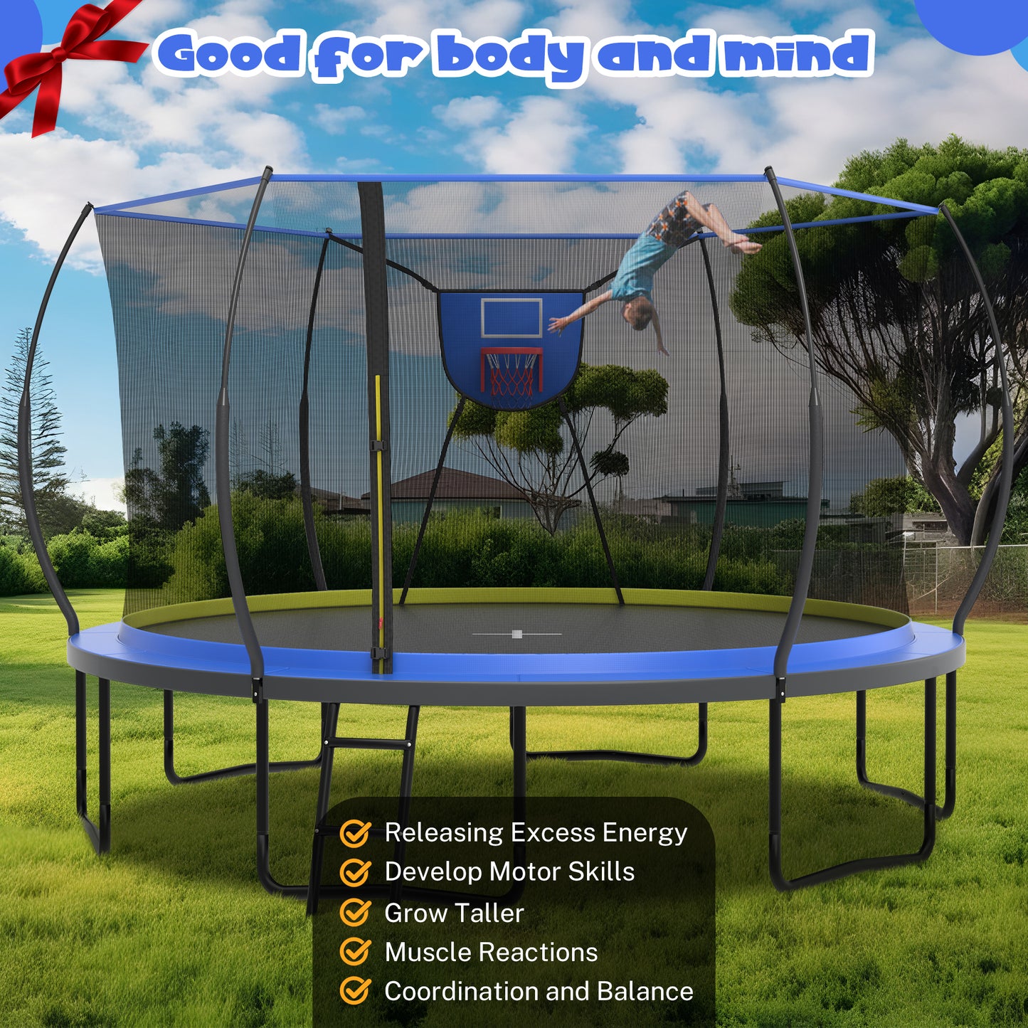 SHINPT 14ft Trampoline Outdoor, Big Trampoline with 360° Safety Net, Heavy Duty Trampoline for Kids and Adults, Kids Trampoline with 6 Curved Poles, Play Ground Outdoor, In Ground Trampoline