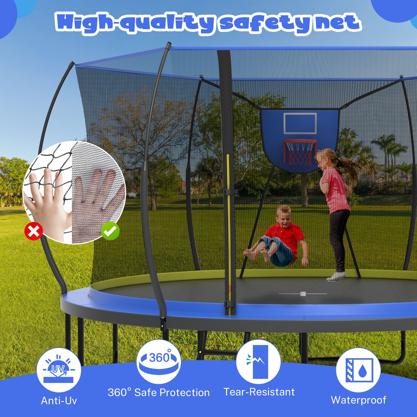 SHINPT 14ft Trampoline Outdoor, Big Trampoline with 360° Safety Net, Heavy Duty Trampoline for Kids and Adults, Kids Trampoline with 6 Curved Poles, Play Ground Outdoor, In Ground Trampoline