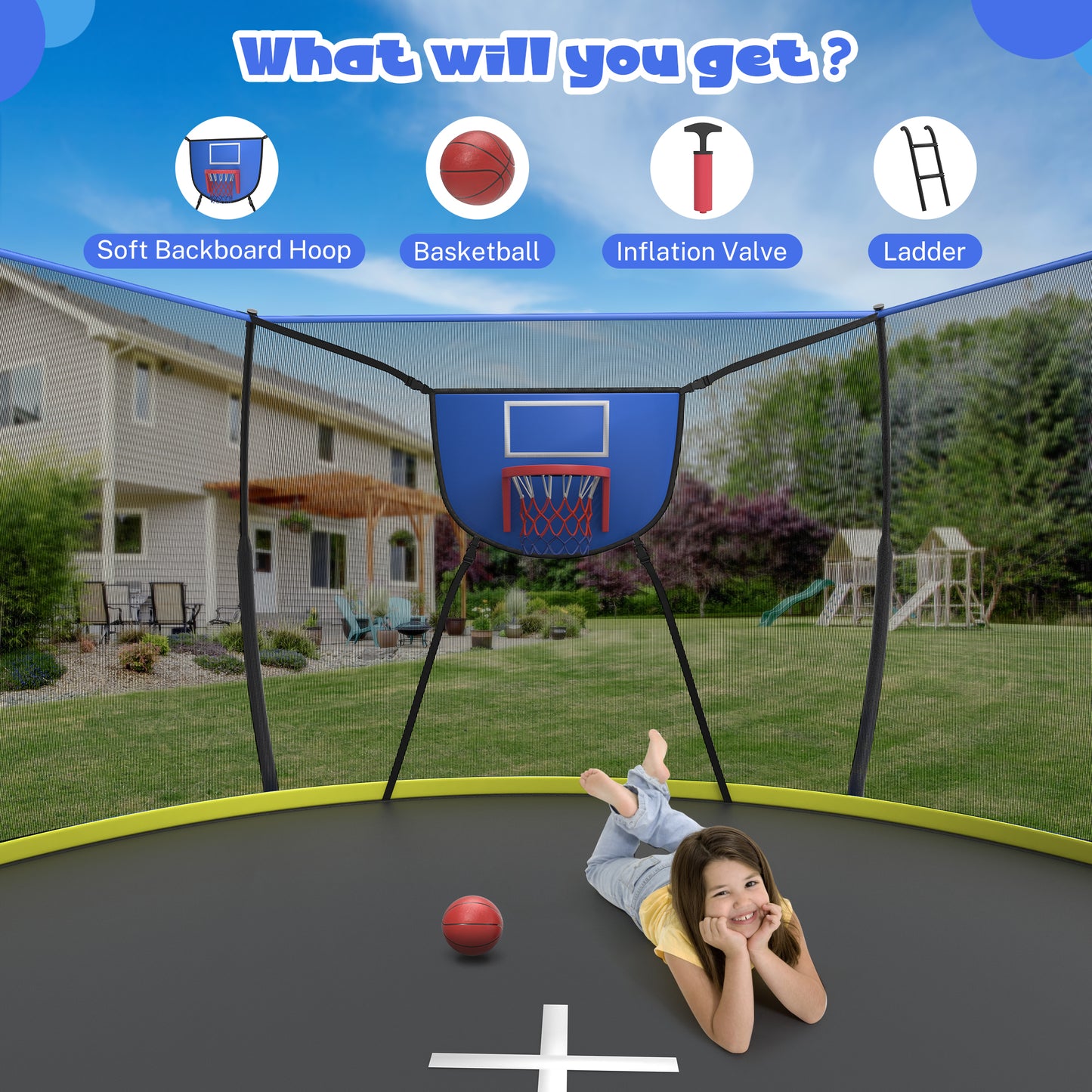 SHINPT 14ft Trampoline Outdoor, Big Trampoline with 360° Safety Net, Heavy Duty Trampoline for Kids and Adults, Kids Trampoline with 6 Curved Poles, Play Ground Outdoor, In Ground Trampoline