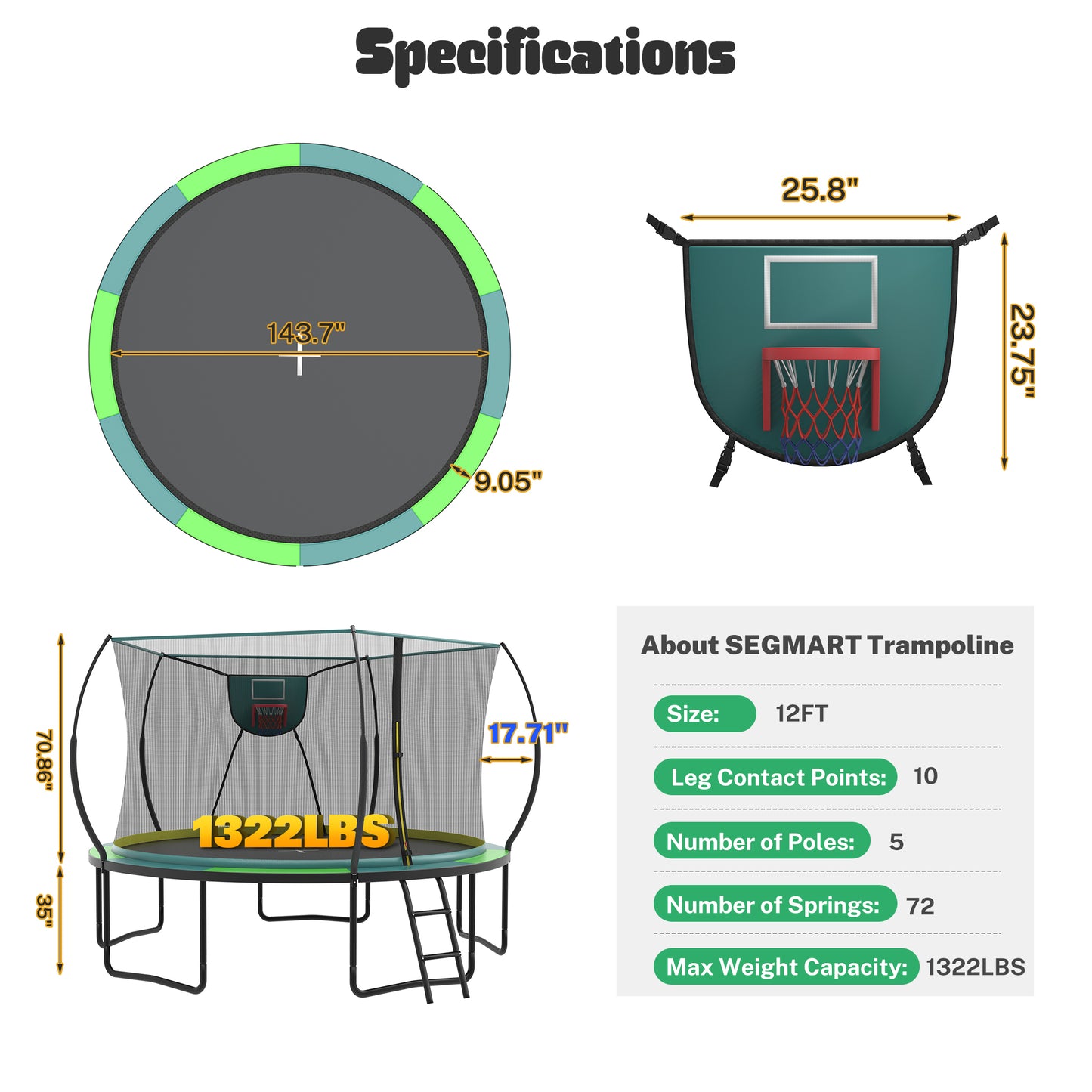 12FT Trampoline Outdoor with No-gap Design, SHINPT Trampoline for Kids Indoor, Outdoor Play Equipment with Basketball Hoop, Toddler Trampoline with Enclosure Net, Recreational Trampoline for Gift