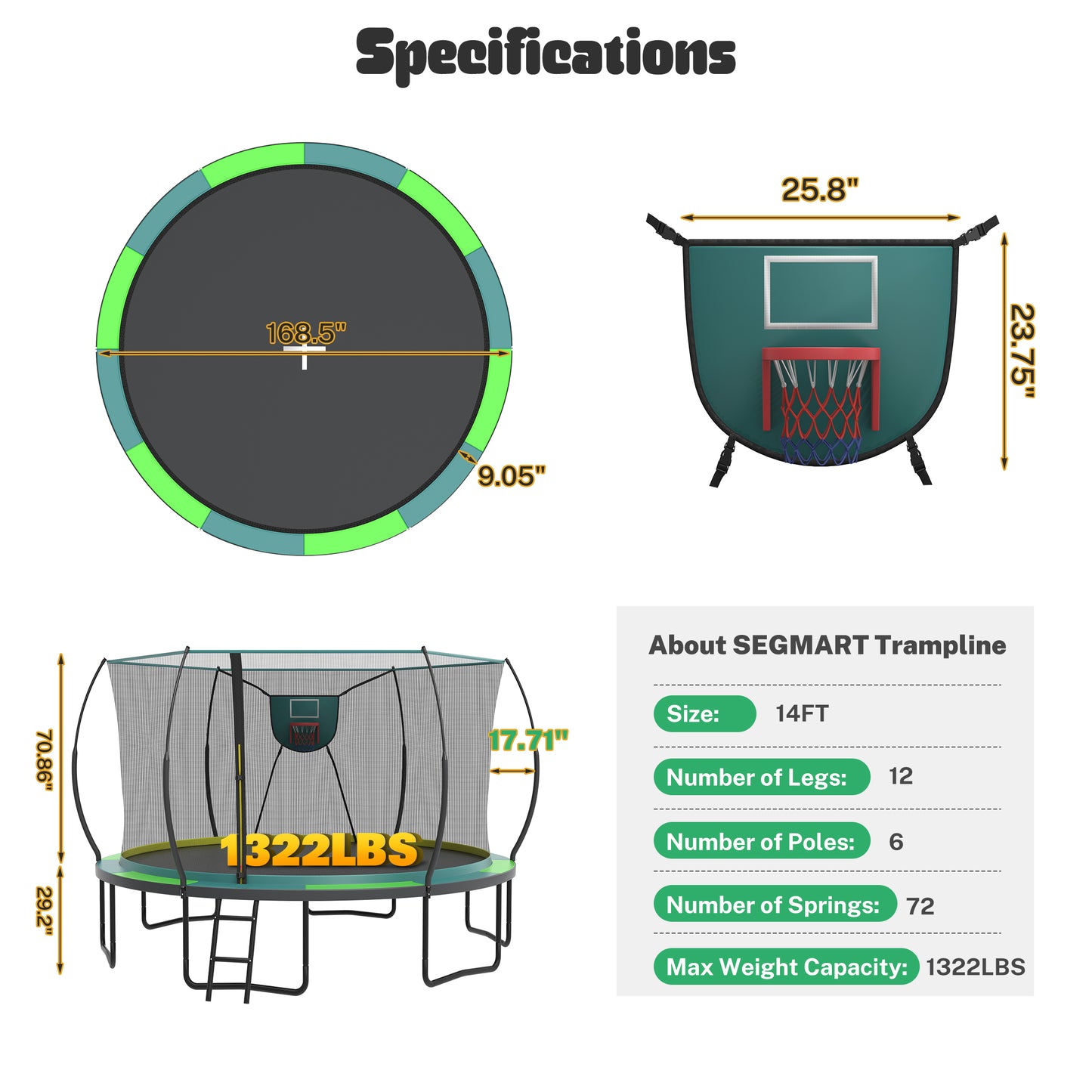14FT Trampoline for Kids with Basketball Hoop, SHINPT Toddler Trampoline for Backyard, Patio, Indoor Trampoline with Enclosure Net, Adult Trampoline with No-gap Design, Outside Toy for Kids for Gift