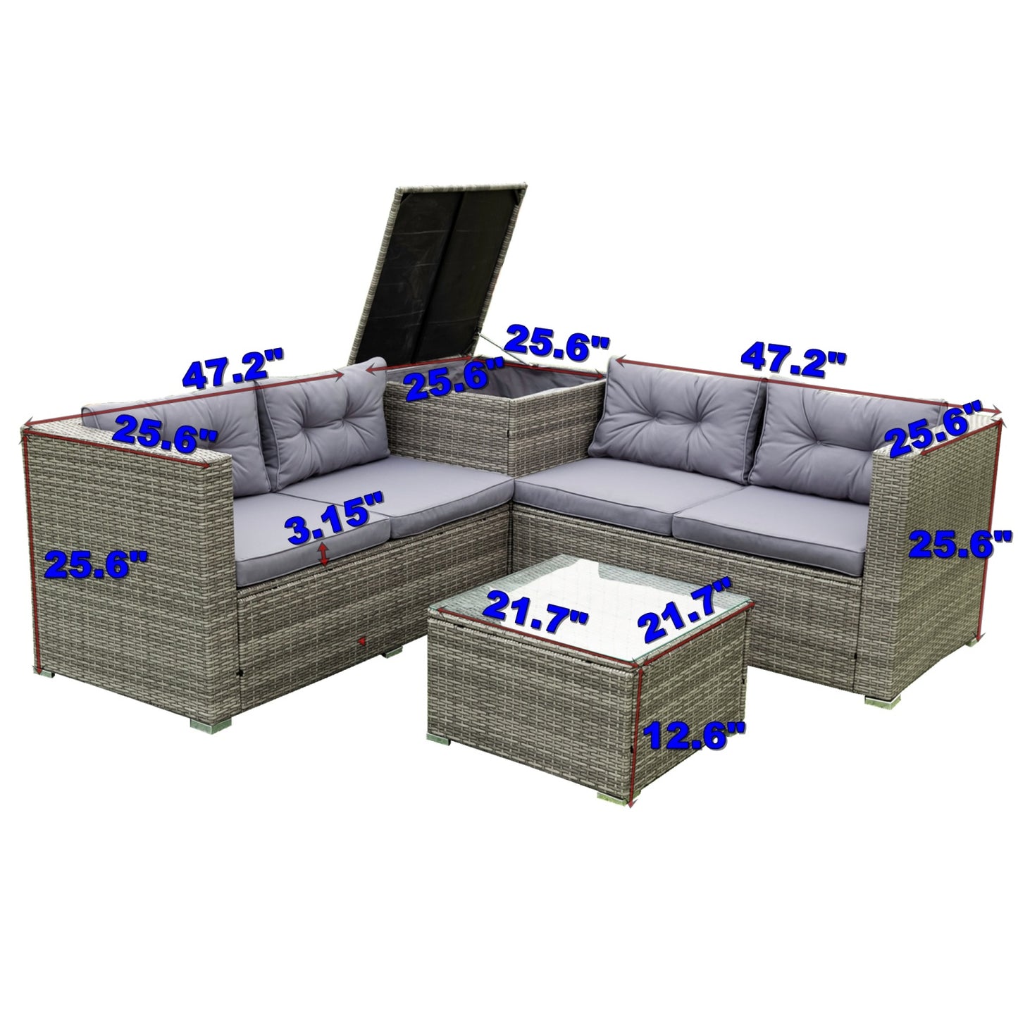 4 Piece Patio Furniture Sets with Glass Table, Rattan Patio Seating Sofa with Storage Box and Thick Cushion, All-Weather Outdoor Wicker Sectional Conversation Sofa for Porch Poolside Backyard Garden