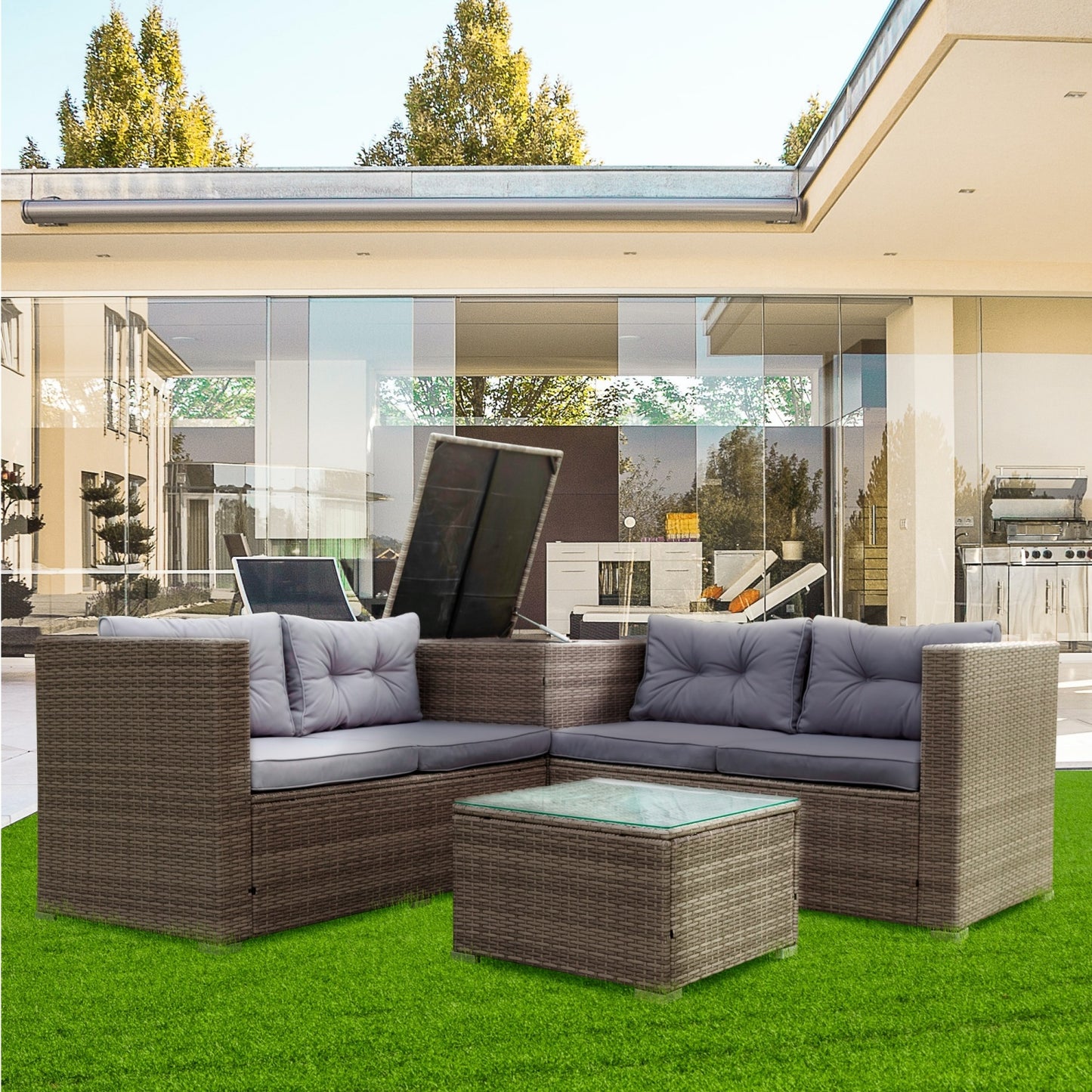 4 Piece Patio Furniture Sets with Glass Table, Rattan Patio Seating Sofa with Storage Box and Thick Cushion, All-Weather Outdoor Wicker Sectional Conversation Sofa for Porch Poolside Backyard Garden