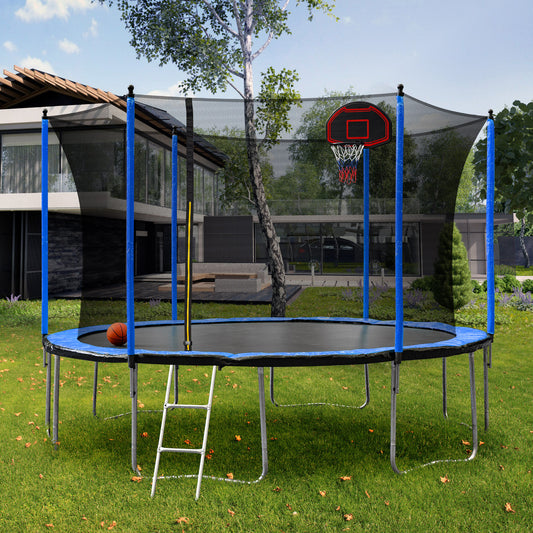 15FT Outdoor Trampoline with Safety Enclosure Net, ASTM Certified Reinforced Type Outdoor Trampoline, Recreational Trampoline with Basketball Hoop, Ideal for Children, Kindergarten, Backyard, Blue