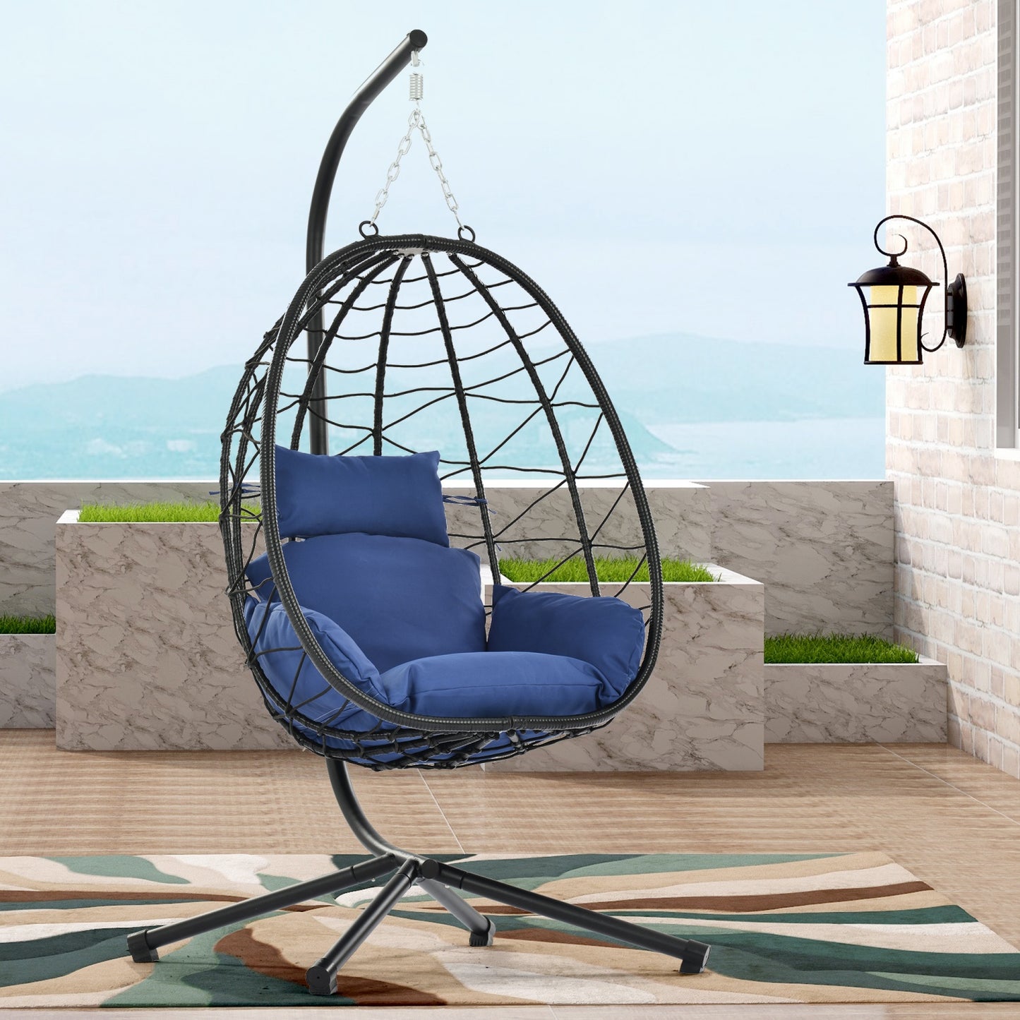Egg Chair with Stand, SHINPT Patio Rattan Wicker Hanging Swing Egg Chair with Steel Frame and Soft Cushions, Indoor Outdoor Hammock Egg Chair for Patio, Bedroom, Garden and Balcony, 35Lbs Capacity