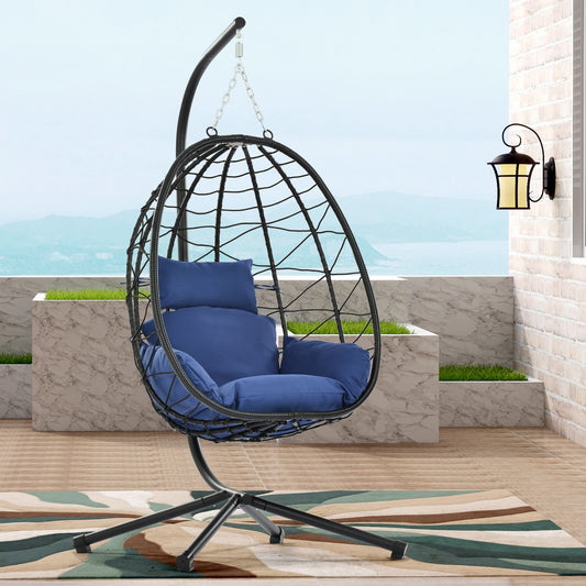 Egg Chair with Stand, SHINPT Patio Rattan Wicker Hanging Swing Egg Chair with Steel Frame and Soft Cushions, Indoor Outdoor Hammock Egg Chair for Patio, Bedroom, Garden and Balcony, 35Lbs Capacity