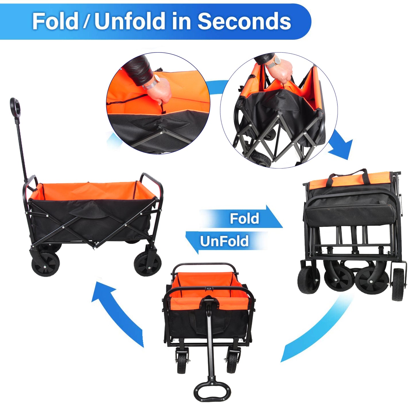 SHINPT Mini Wagon Cart with Wheel Foldable, Folding Wagons Carts with Silent Universal Wheels, Heavy Duty Utility for Shopping Beach Sports Fishing Camping, Orange and Black