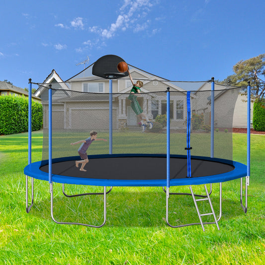 14FT Outdoor Trampoline with Safety Enclosure Net, ASTM Certified Reinforced Type Outdoor Trampoline, Recreational Trampoline with Basketball Hoop, Ideal for Children, Park, Blue