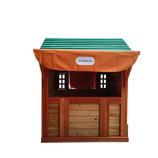 Kids Playhouse Outdoor, 4-in-1 Wooden Game House with Tic-Tac-Toe, Marble Wall, Dart Throwing and Nap Corner, Toddler Outdoor Playhouse Cottage with Windows and Flowerpot Holders for Kids Age 3-8