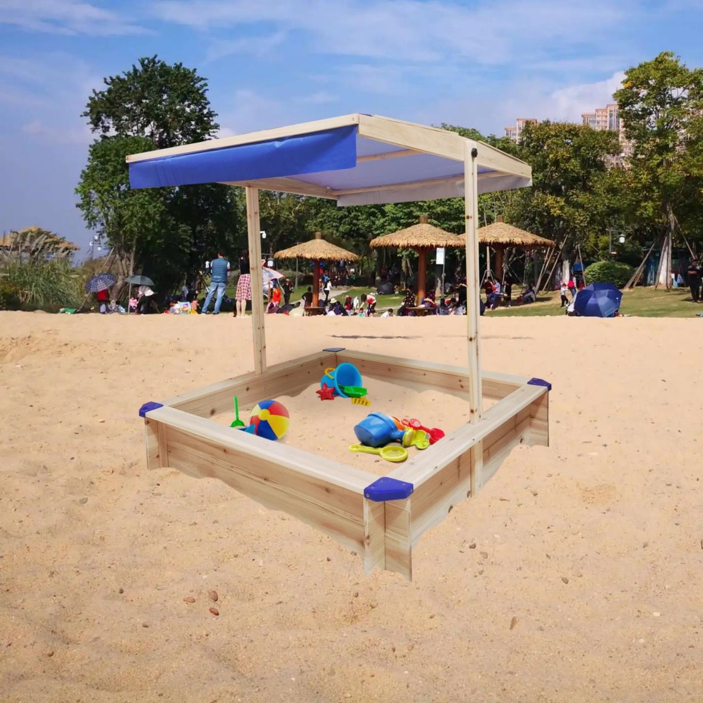 Kids Wooden Outdoor Sandbox with Adjustable Canopy, SHINPT Toddler Sandbox with UV-Resistant Canopy and Fabric Sandpit Cover, Children Outdoor Wooden Playset for Age 3-10, 45.3"L x 45.3"W x 46.5"H