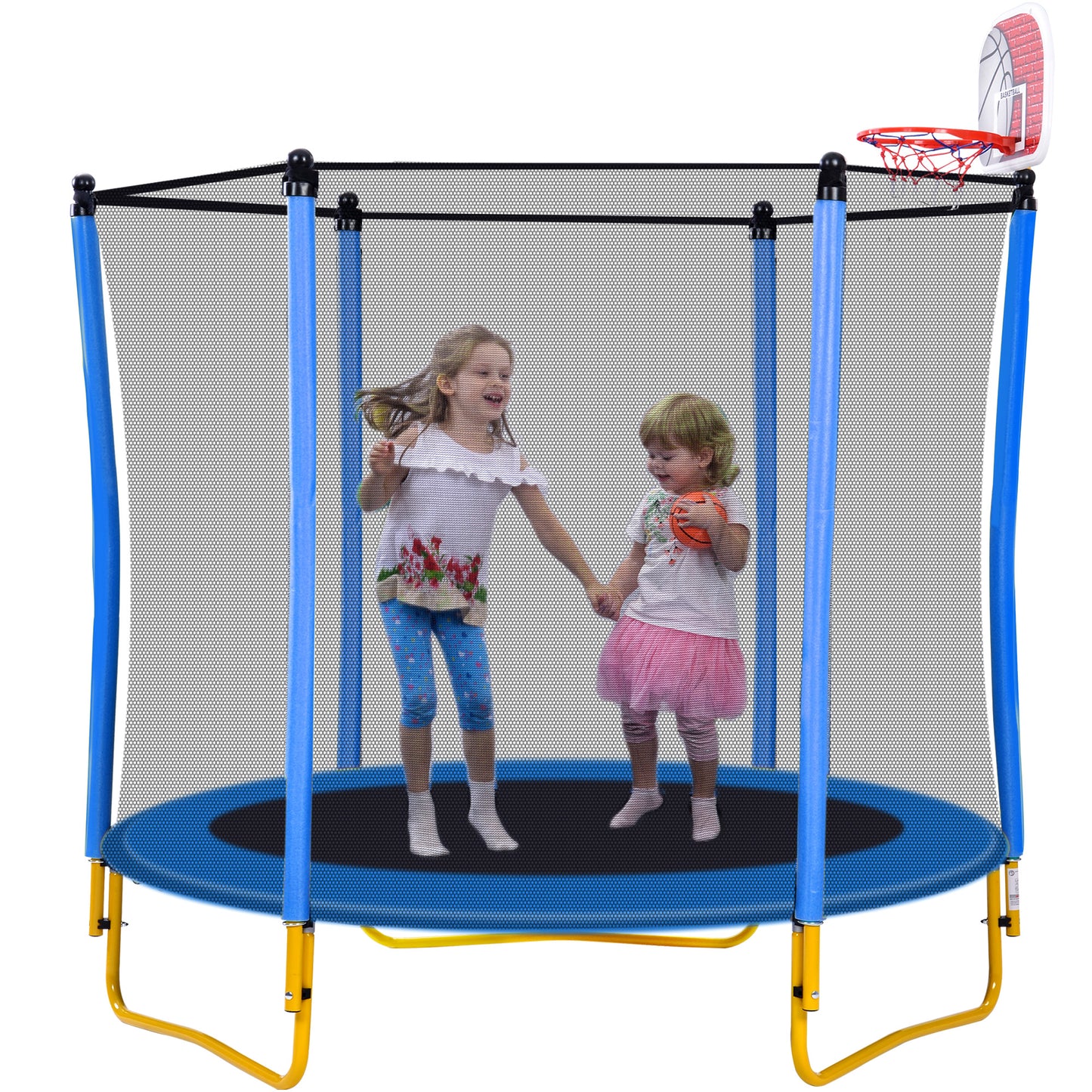5.5FT Mini Trampoline for Kids, 65" Toddler Trampoline Indoor/Outdoor, Backyard Trampolines with Enclosure Net, Recreational Trampolines with Basketball Hoop and Ball, Yellow