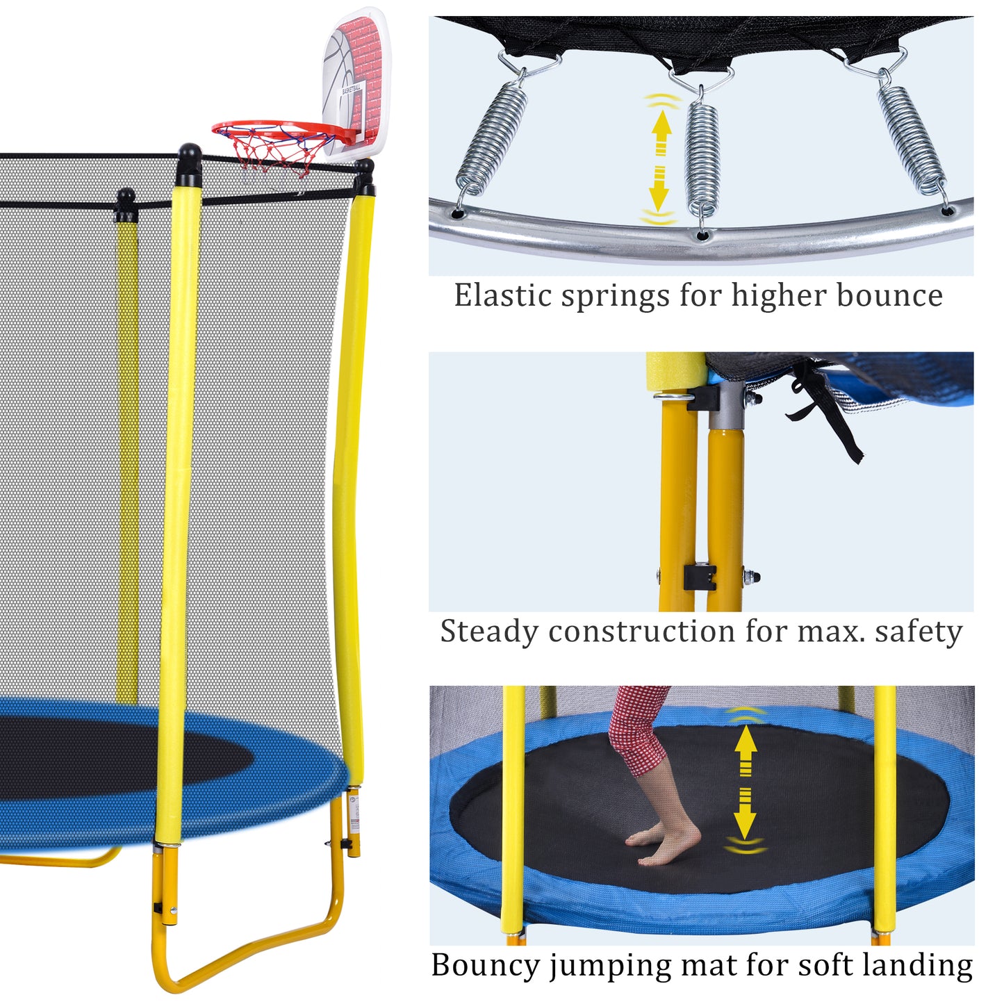 5.5FT Mini Trampoline for Kids, 65" Toddler Trampoline Indoor/Outdoor, Backyard Trampolines with Enclosure Net, Recreational Trampolines with Basketball Hoop and Ball, Yellow