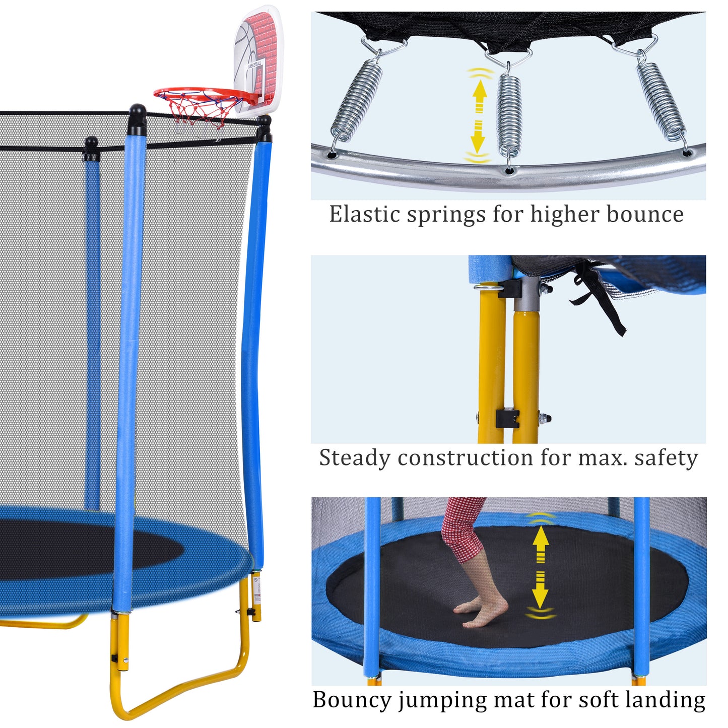 5.5FT Mini Trampoline for Kids, 65" Toddler Trampoline Indoor/Outdoor, Backyard Trampolines with Enclosure Net, Recreational Trampolines with Basketball Hoop and Ball, Yellow