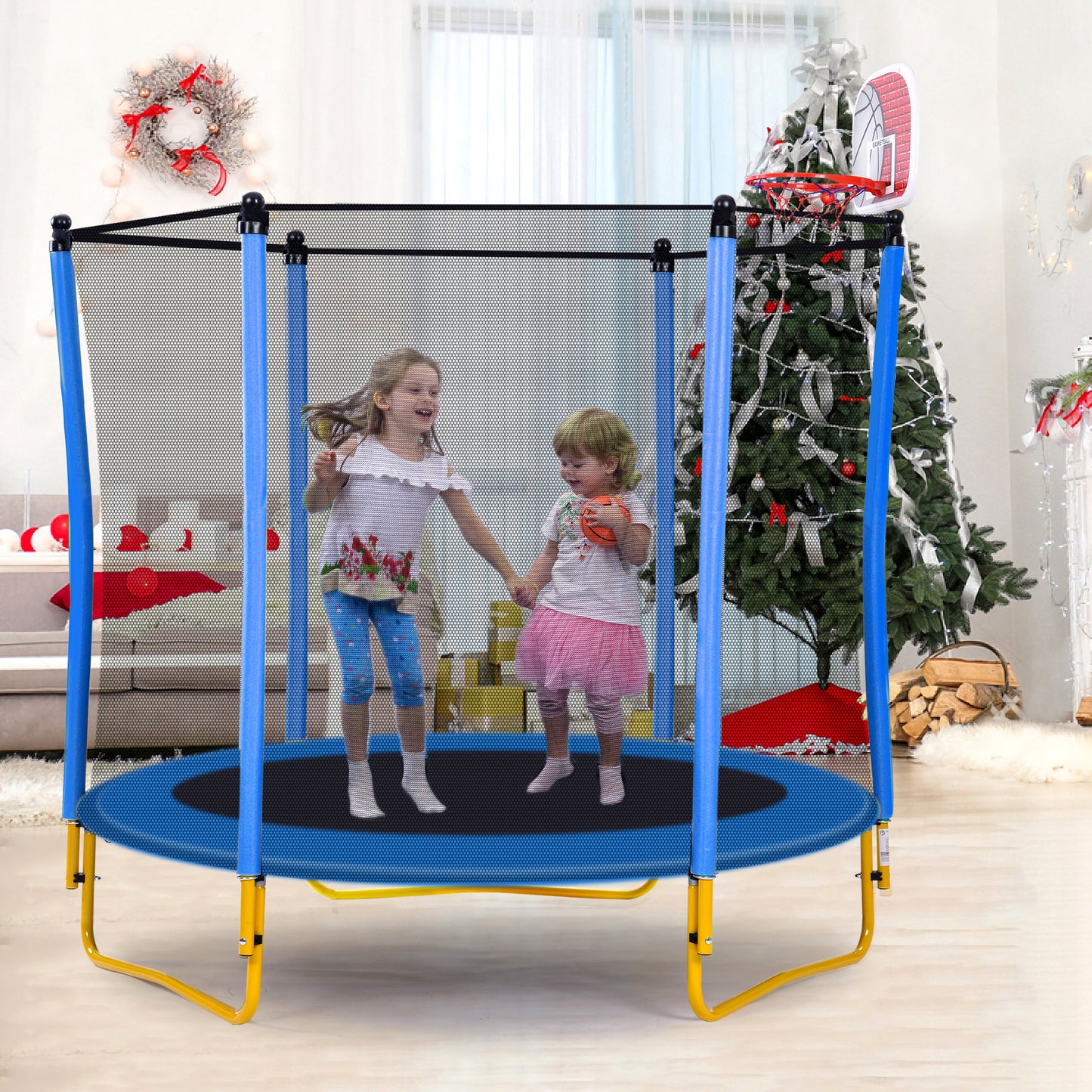 5.5FT Mini Trampoline for Kids, 65" Toddler Trampoline Indoor/Outdoor, Backyard Trampolines with Enclosure Net, Recreational Trampolines with Basketball Hoop and Ball, Yellow