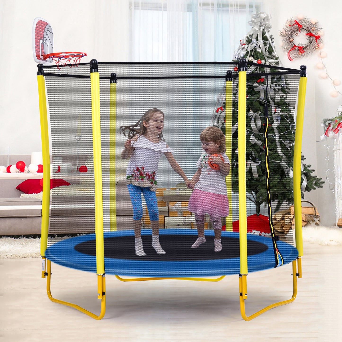 5.5FT Mini Trampoline for Kids, 65" Toddler Trampoline Indoor/Outdoor, Backyard Trampolines with Enclosure Net, Recreational Trampolines with Basketball Hoop and Ball, Yellow