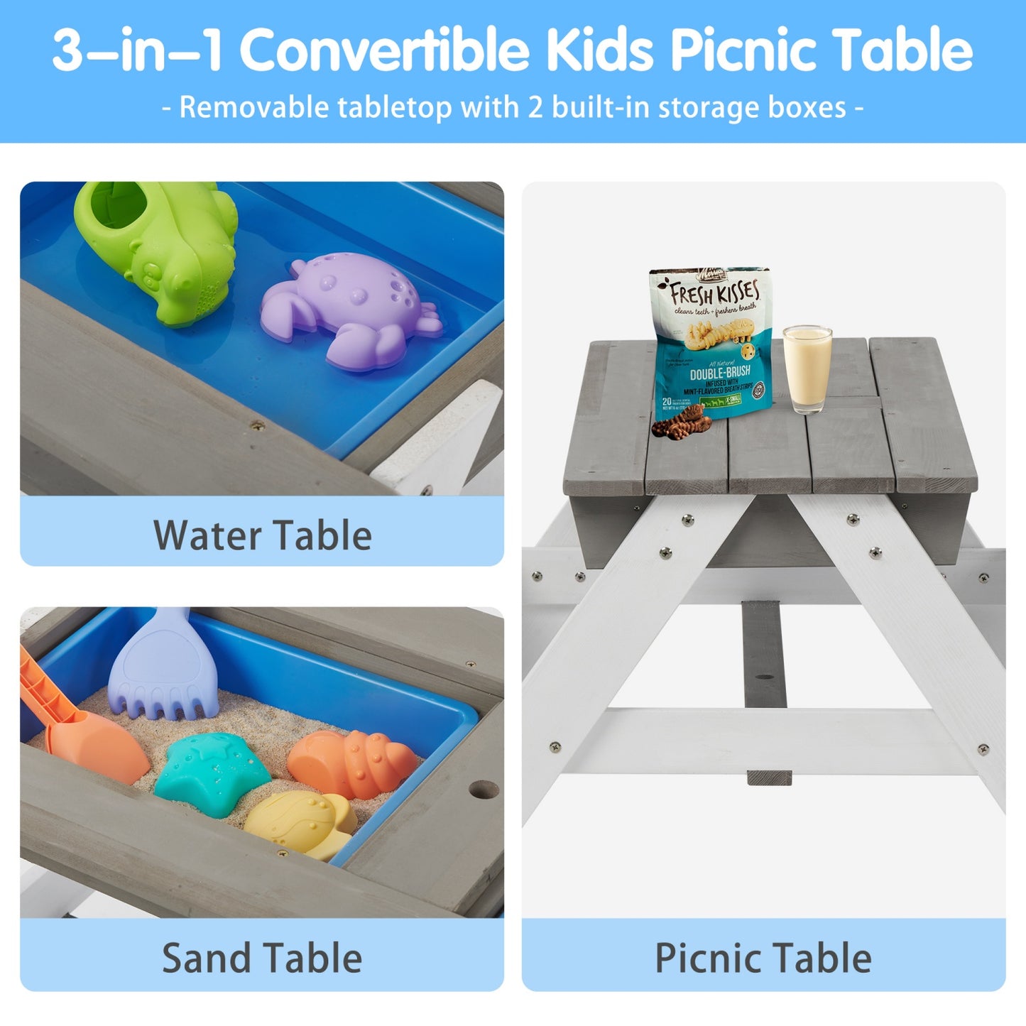 Kids Picnic Table, SHINPT 3-in-1 Outdoor Wooden Table with Adjustable Umbrella, Toddler Activity & Dining Table with Built-in Bench & Removable Boxes, Children Picnic Tables for Outdoors, Backyard