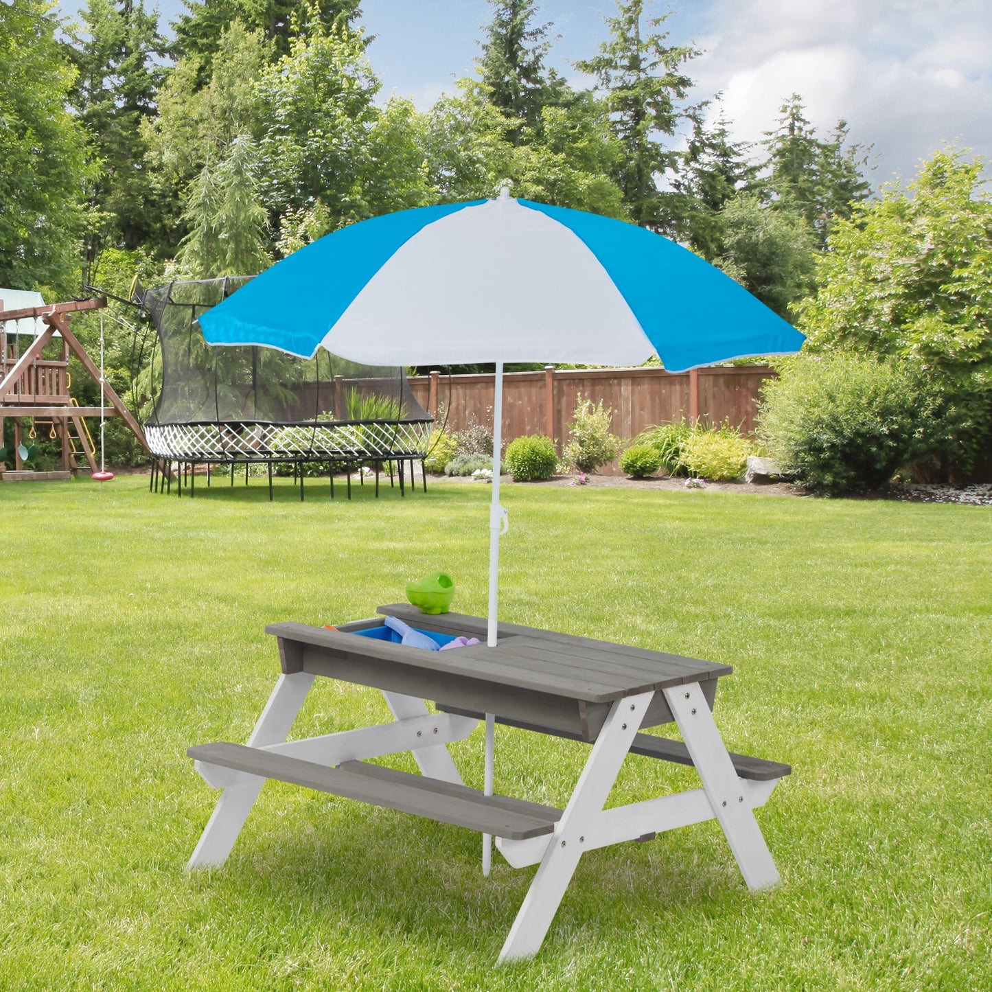 Kids Picnic Table, SHINPT 3-in-1 Outdoor Wooden Table with Adjustable Umbrella, Toddler Activity & Dining Table with Built-in Bench & Removable Boxes, Children Picnic Tables for Outdoors, Backyard