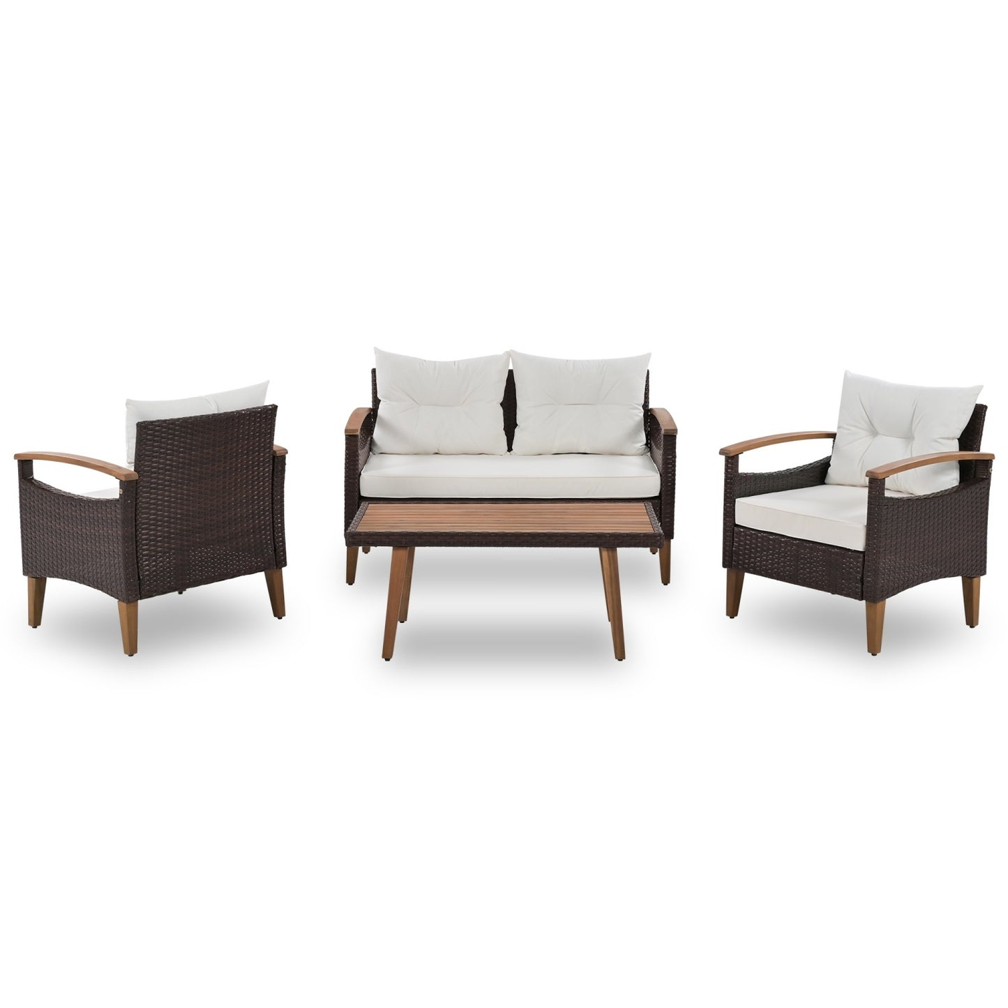 4 Piece Outdoor Patio Furniture Set, PE Rattan Wicker Sectional Set with UV-Resistant & Waterproof Cushions and Wood Table, All-Weather Rattan Patio Furniture Set for Outside Balcony Porch Backyard