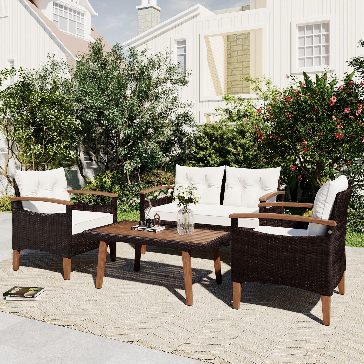 4 Piece Outdoor Patio Furniture Set, PE Rattan Wicker Sectional Set with UV-Resistant & Waterproof Cushions and Wood Table, All-Weather Rattan Patio Furniture Set for Outside Balcony Porch Backyard
