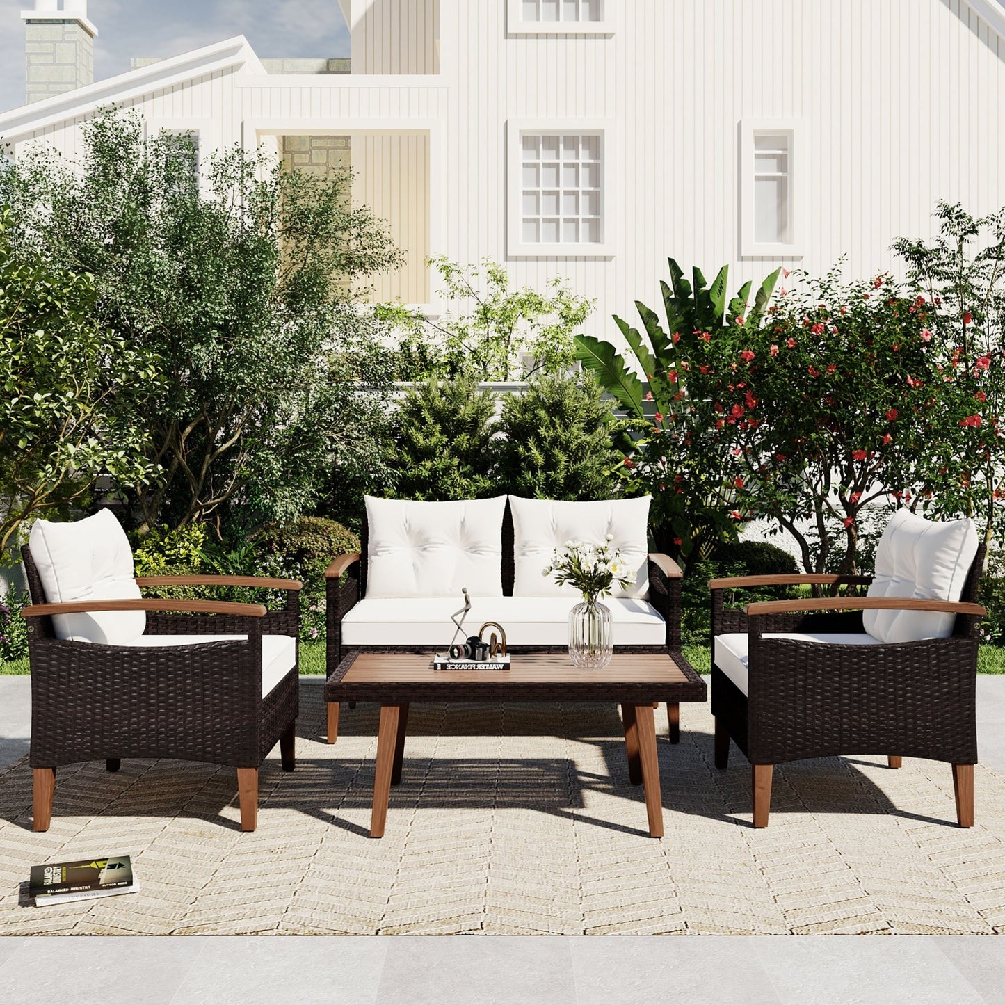 4 Piece Outdoor Patio Furniture Set, PE Rattan Wicker Sectional Set with UV-Resistant & Waterproof Cushions and Wood Table, All-Weather Rattan Patio Furniture Set for Outside Balcony Porch Backyard