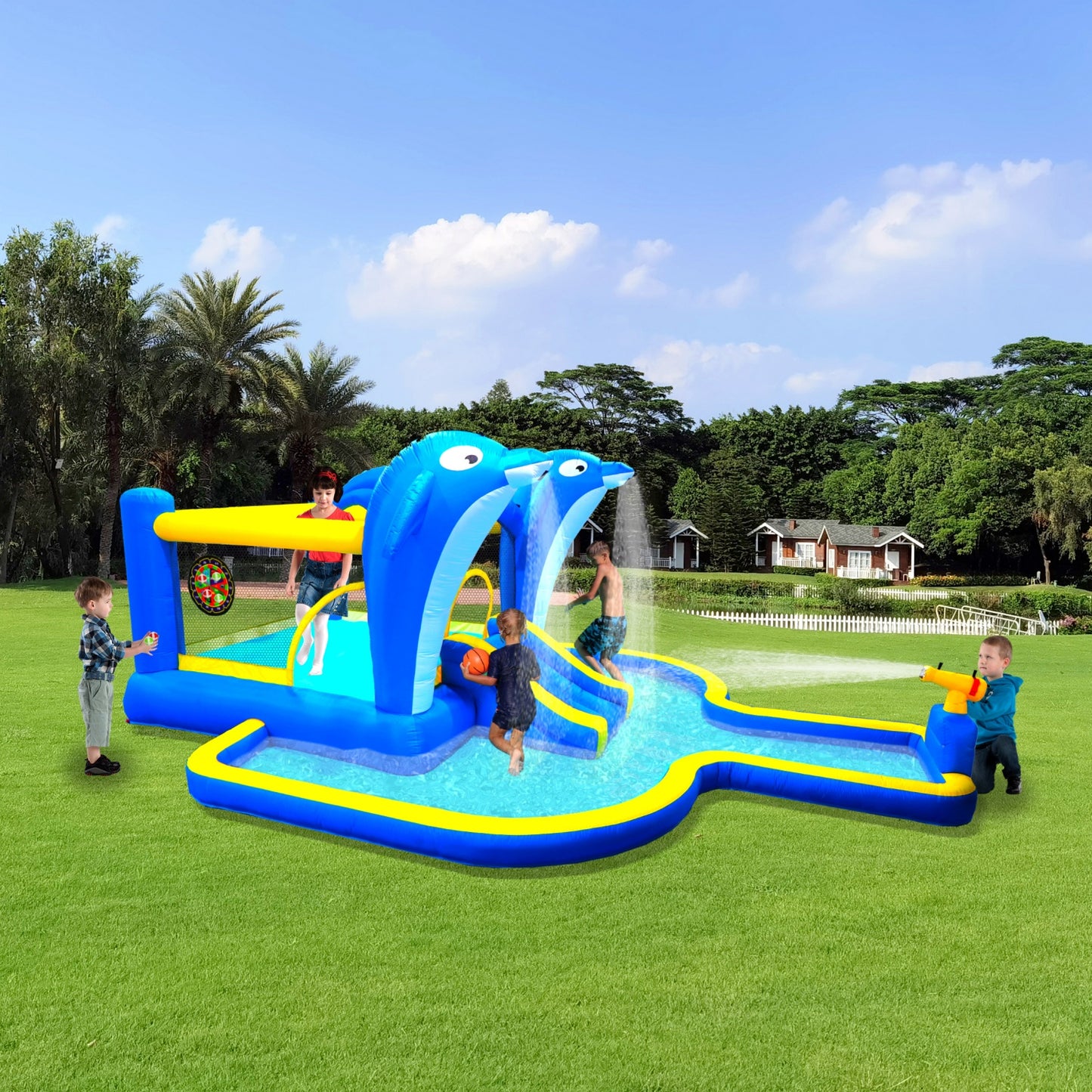 Inflatable Bounce House with Slide, 8 in 1 Water Slide Bounce House for Kids 5-12 with Dolphin Sprinkler, Target Games, Water Gun, Basketball Hoop, Water Bouncy Castle for Backyard, Garden, Outdoor