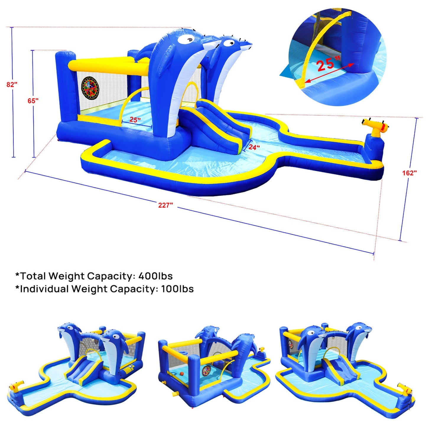 Inflatable Bounce House with Slide, 8 in 1 Water Slide Bounce House for Kids 5-12 with Dolphin Sprinkler, Target Games, Water Gun, Basketball Hoop, Water Bouncy Castle for Backyard, Garden, Outdoor