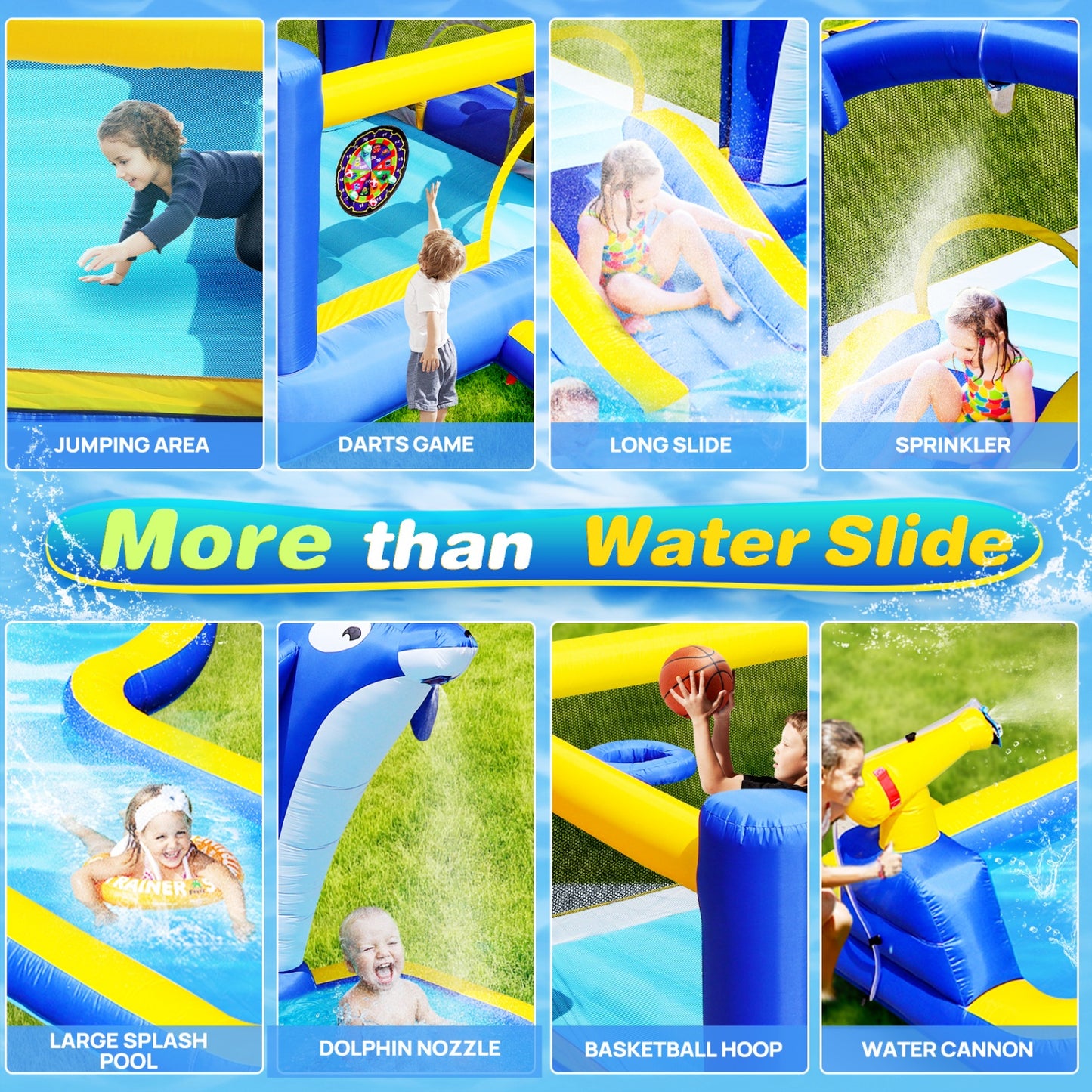 Inflatable Bounce House with Slide, 8 in 1 Water Slide Bounce House for Kids 5-12 with Dolphin Sprinkler, Target Games, Water Gun, Basketball Hoop, Water Bouncy Castle for Backyard, Garden, Outdoor