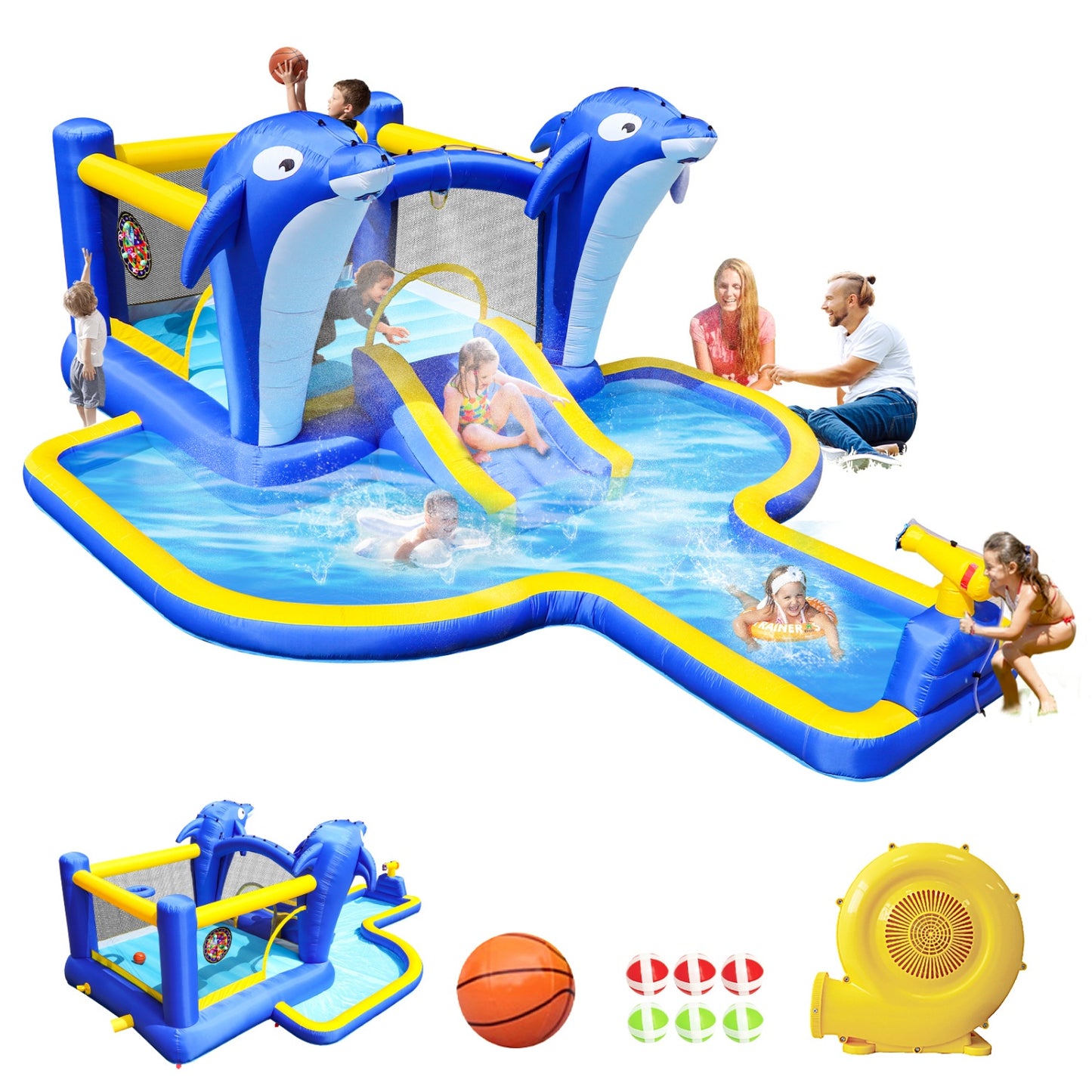 Inflatable Bounce House with Slide, 8 in 1 Water Slide Bounce House for Kids 5-12 with Dolphin Sprinkler, Target Games, Water Gun, Basketball Hoop, Water Bouncy Castle for Backyard, Garden, Outdoor