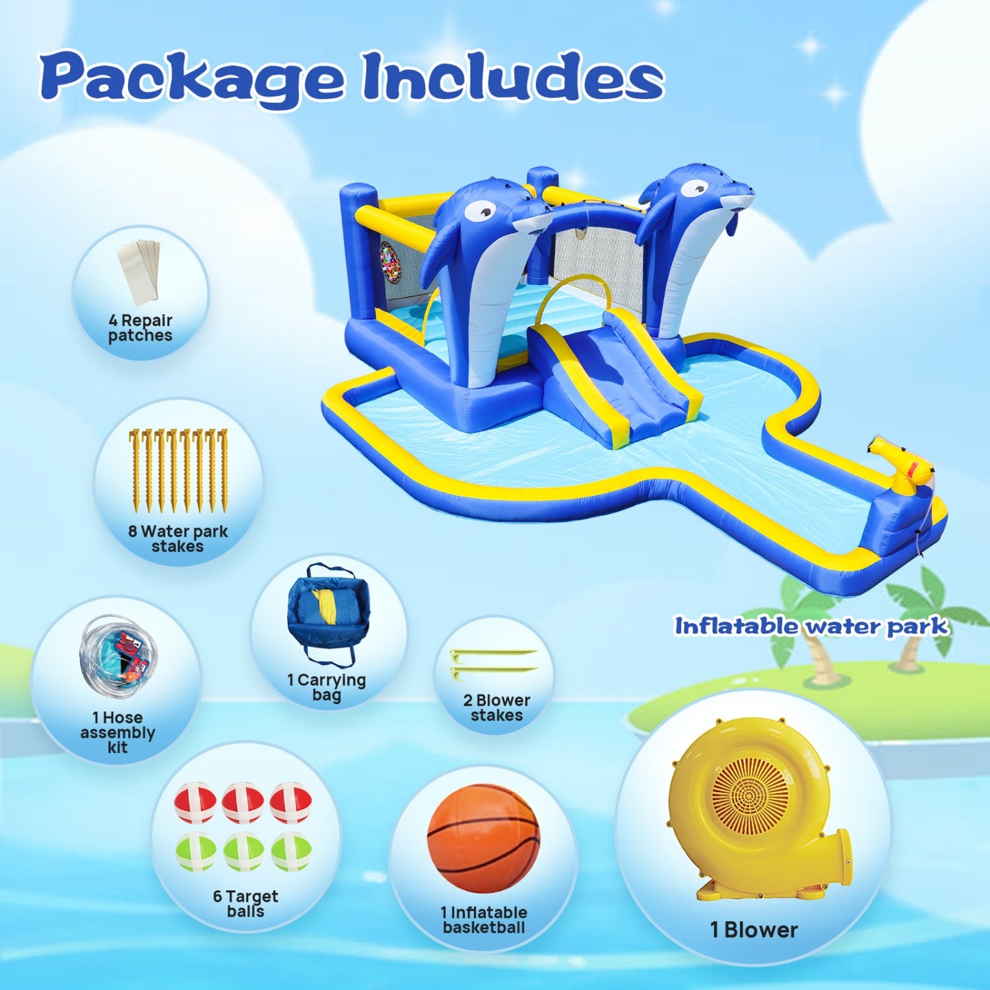 Inflatable Bounce House with Slide, 8 in 1 Water Slide Bounce House for Kids 5-12 with Dolphin Sprinkler, Target Games, Water Gun, Basketball Hoop, Water Bouncy Castle for Backyard, Garden, Outdoor