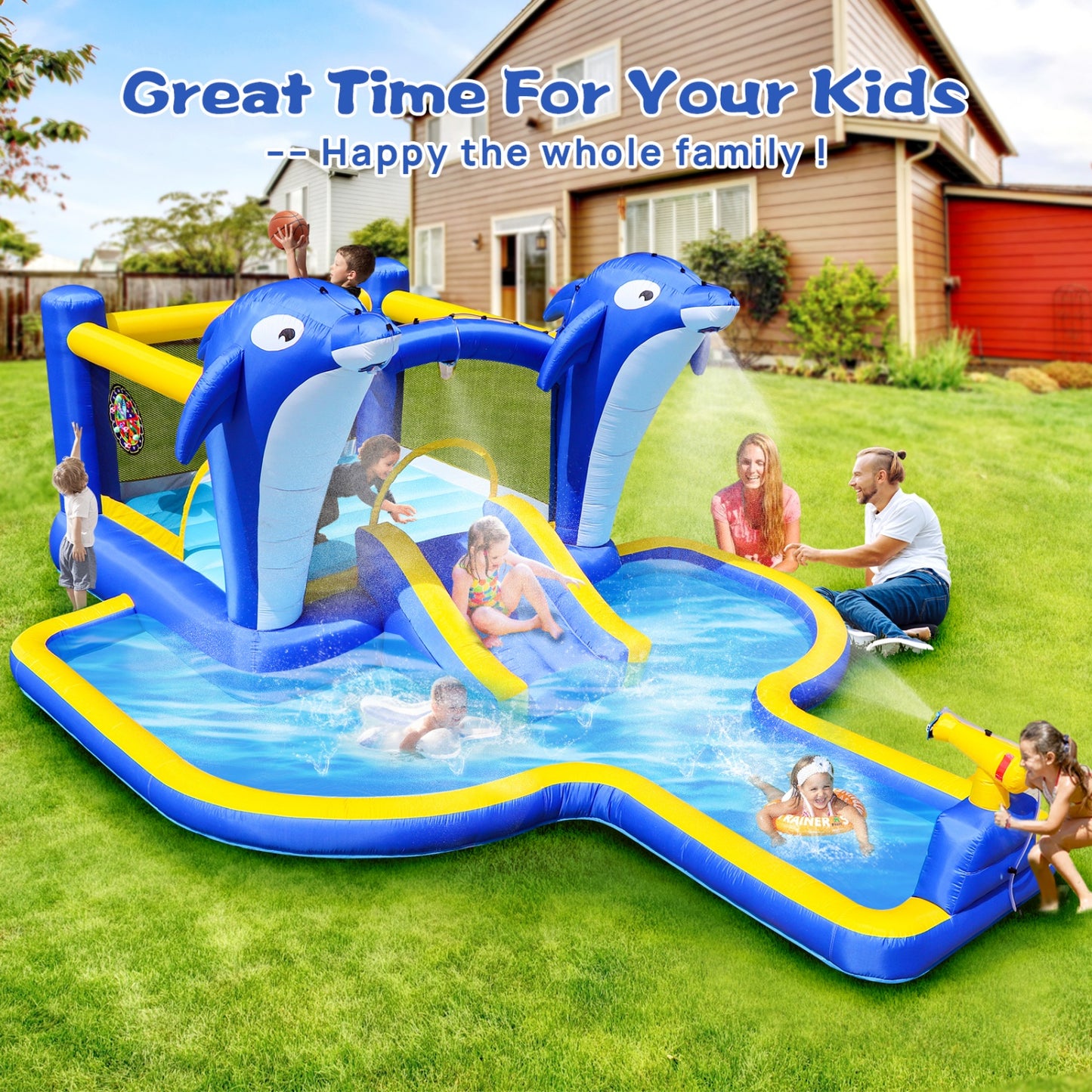 Inflatable Bounce House with Slide, 8 in 1 Water Slide Bounce House for Kids 5-12 with Dolphin Sprinkler, Target Games, Water Gun, Basketball Hoop, Water Bouncy Castle for Backyard, Garden, Outdoor