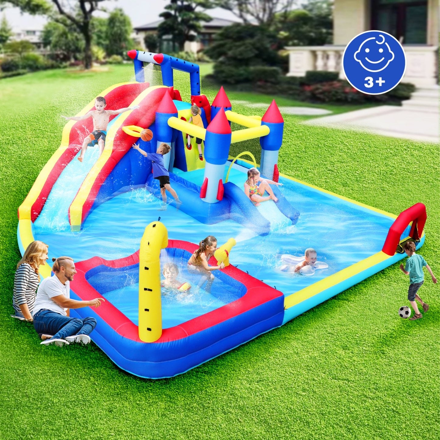 Inflatable Bounce House with Double Slide and Pools, SHINPT 10 in 1 Water Park Bounce House with Climbing Wall, Water Gun, Basketball, Water Park for Kids 3-12, Jumping Castle with Air Blower
