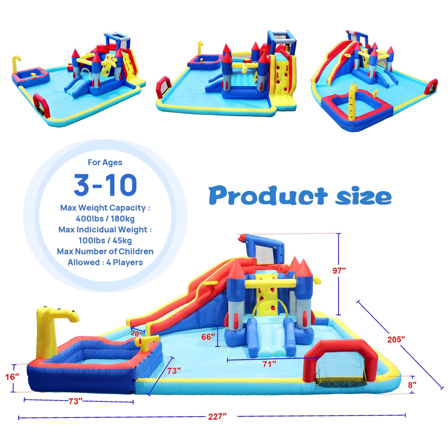 Inflatable Bounce House with Double Slide and Pools, SHINPT 10 in 1 Water Park Bounce House with Climbing Wall, Water Gun, Basketball, Water Park for Kids 3-12, Jumping Castle with Air Blower