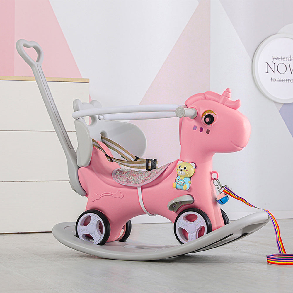 Rocking Horse for Toddlers, Balance Bike Ride On Toys with Push Handle, Backrest and Balance Board for Baby Girl and Boy, Unicorn Kids Riding Birthday
