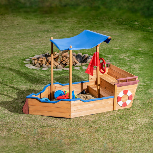 Wooden Pirate Sandbox with Cover and Rudder, SHINPT Kids Sand Boxes with Storage Bench and Seat, Outdoor Toddlers Sand Pit for Backyard Garden, UV-Resistant & Adjustable Roof, Gift for Ages 3-8