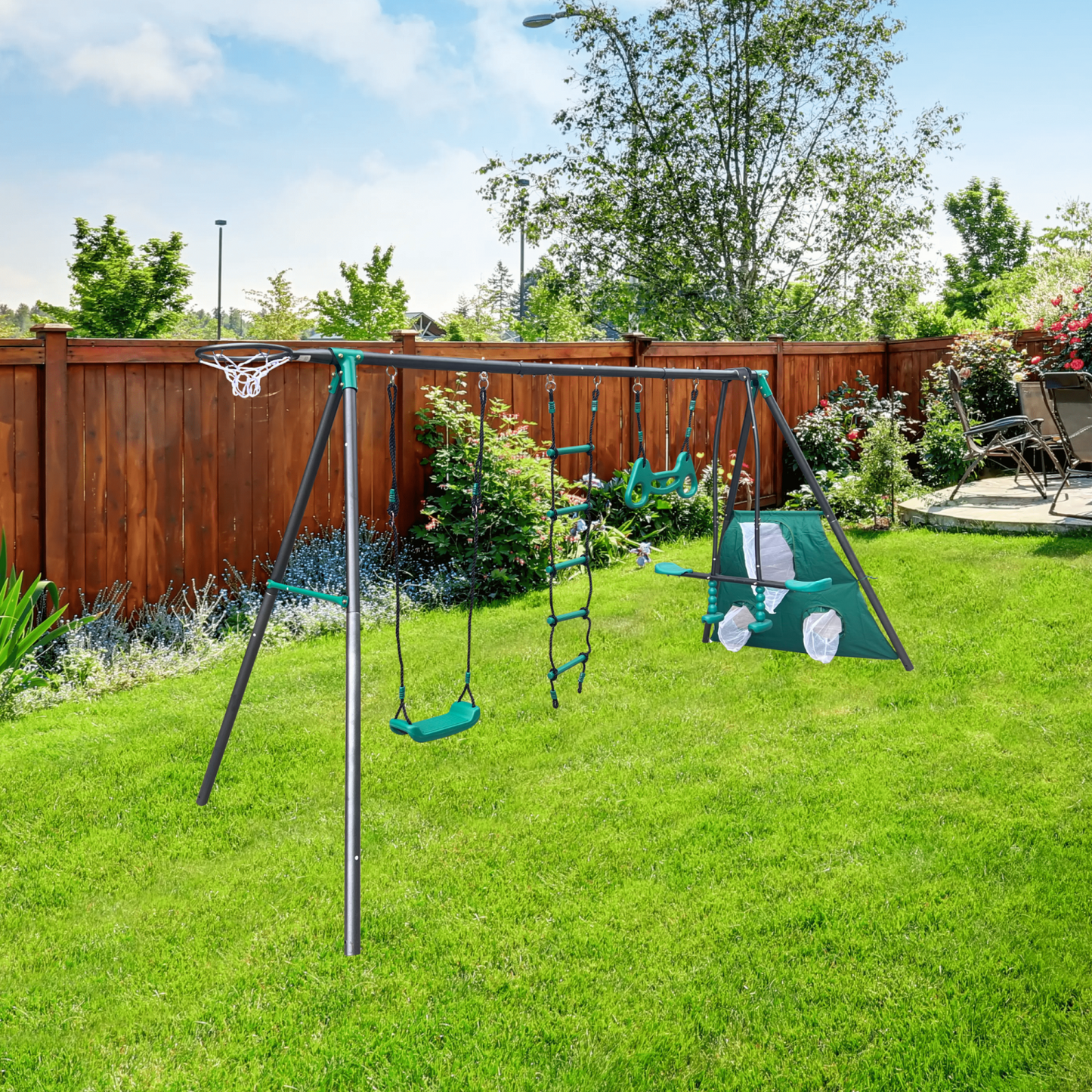 Metal Swing Set for Kids 3-8, Backyard Playground Set with Face-to-face Swings, Hanging Rings, Basketball Stand, Football Nets, Climbing Ladders, Kids Swing Sets for Backyard, 550lbs Capacity, Green