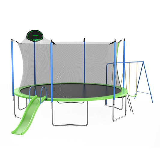 12FT Trampoline with Slide and Swings, ASTM Approval Recreational Trampoline with Basketball Hoop and Ladder, Outdoor Fitness Trampoline for Kids and Adults, Ideal for Courtyard Amusement Park