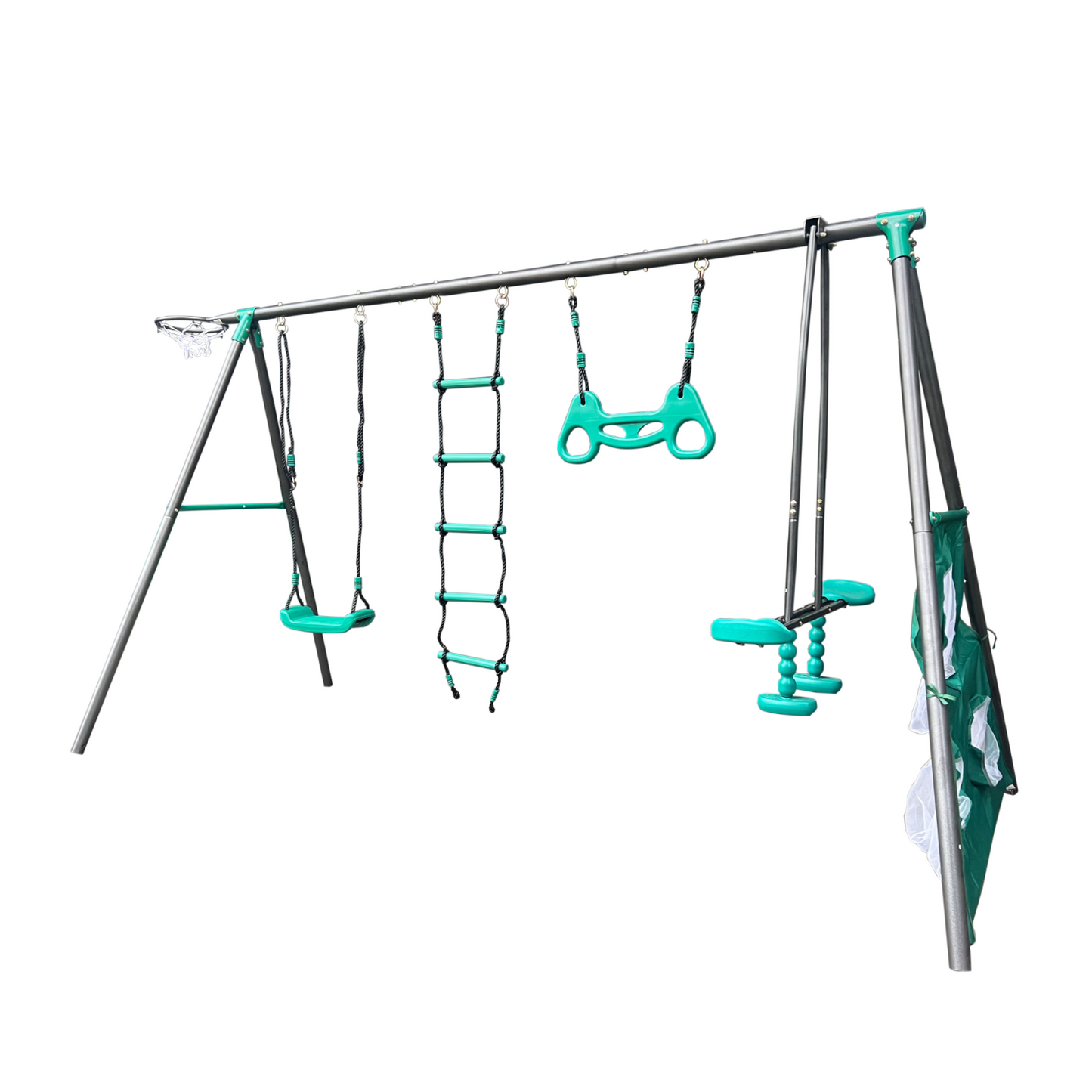 Metal Swing Set for Kids 3-8, Backyard Playground Set with Face-to-face Swings, Hanging Rings, Basketball Stand, Football Nets, Climbing Ladders, Kids Swing Sets for Backyard, 550lbs Capacity, Green