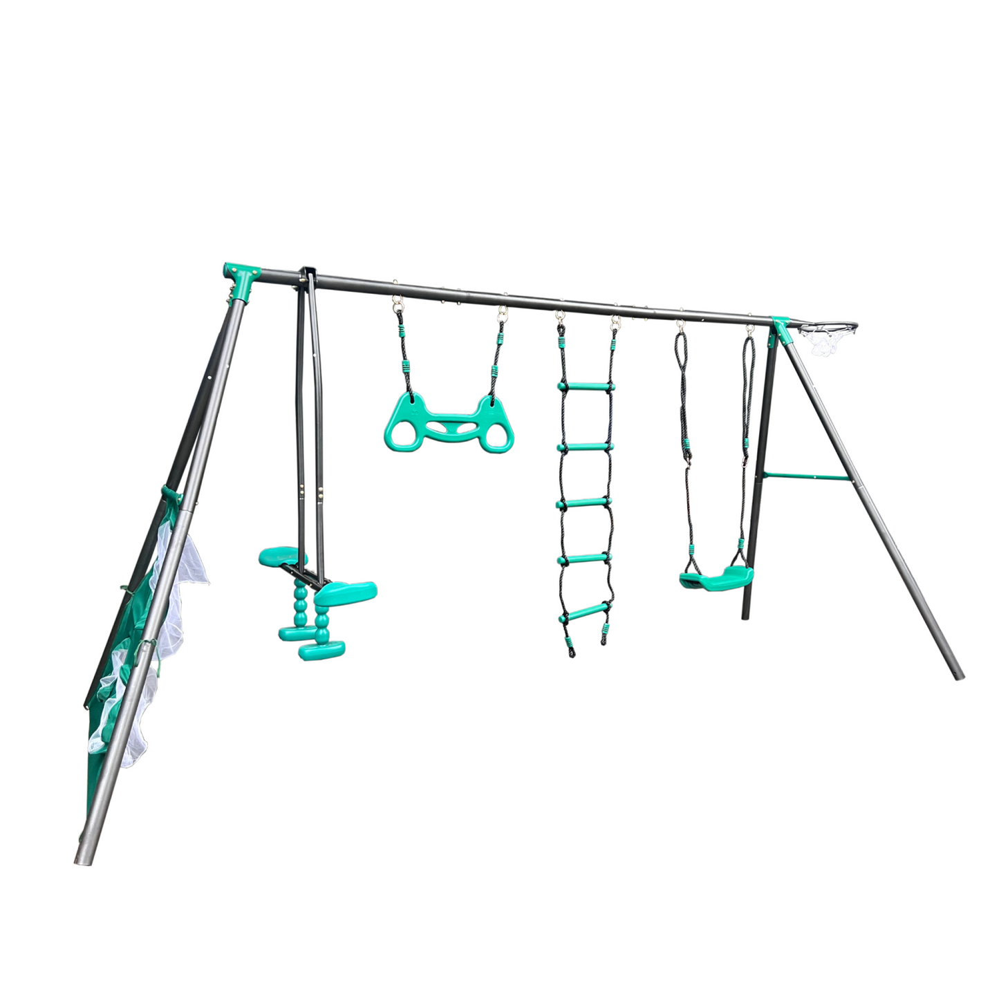 Metal Swing Set for Kids 3-8, Backyard Playground Set with Face-to-face Swings, Hanging Rings, Basketball Stand, Football Nets, Climbing Ladders, Kids Swing Sets for Backyard, 550lbs Capacity, Green